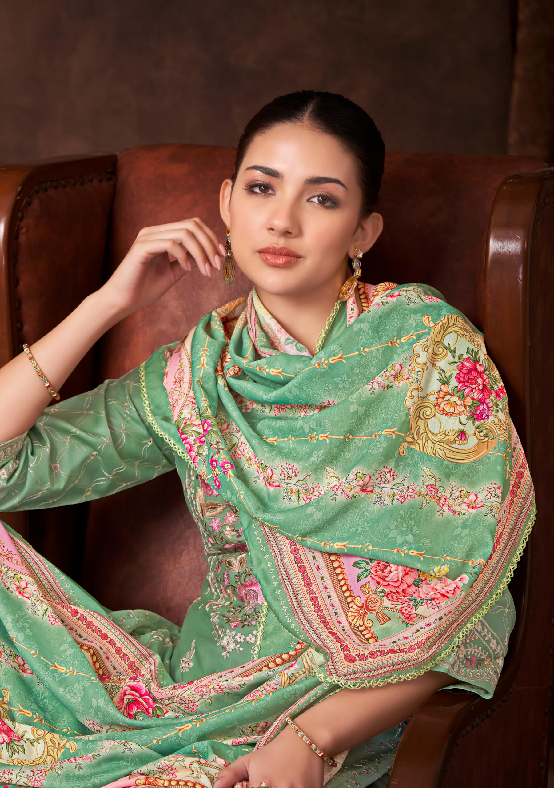 DRAVINAM Trends Women's Exquisite Unstitched Viscose Jam Cotton Suit Dress Material with Embroidered Daman & Sleeves | Stylish Pure Cotton Digital Print Dupatta & Solid Bottoms