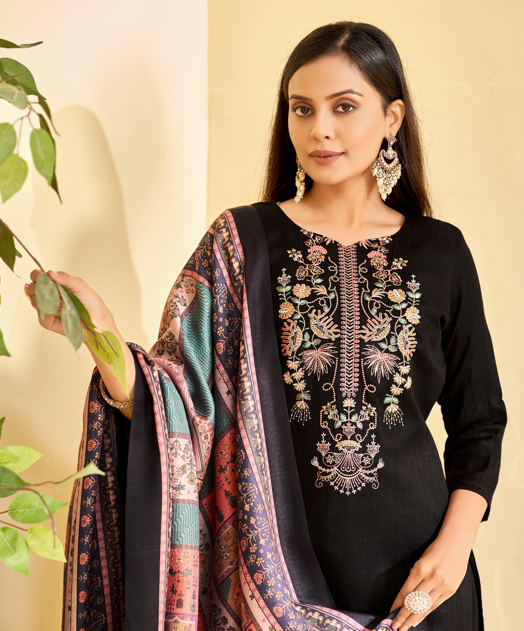 DRAVINAM Trends Women's Unstitched Winter Wear Woollen Pashmina Embroidered Salwar Suit Dress Material with Pashmina Printed Shawl Dupatta