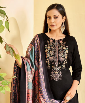 DRAVINAM Trends Women's Unstitched Winter Wear Woollen Pashmina Embroidered Salwar Suit Dress Material with Pashmina Printed Shawl Dupatta