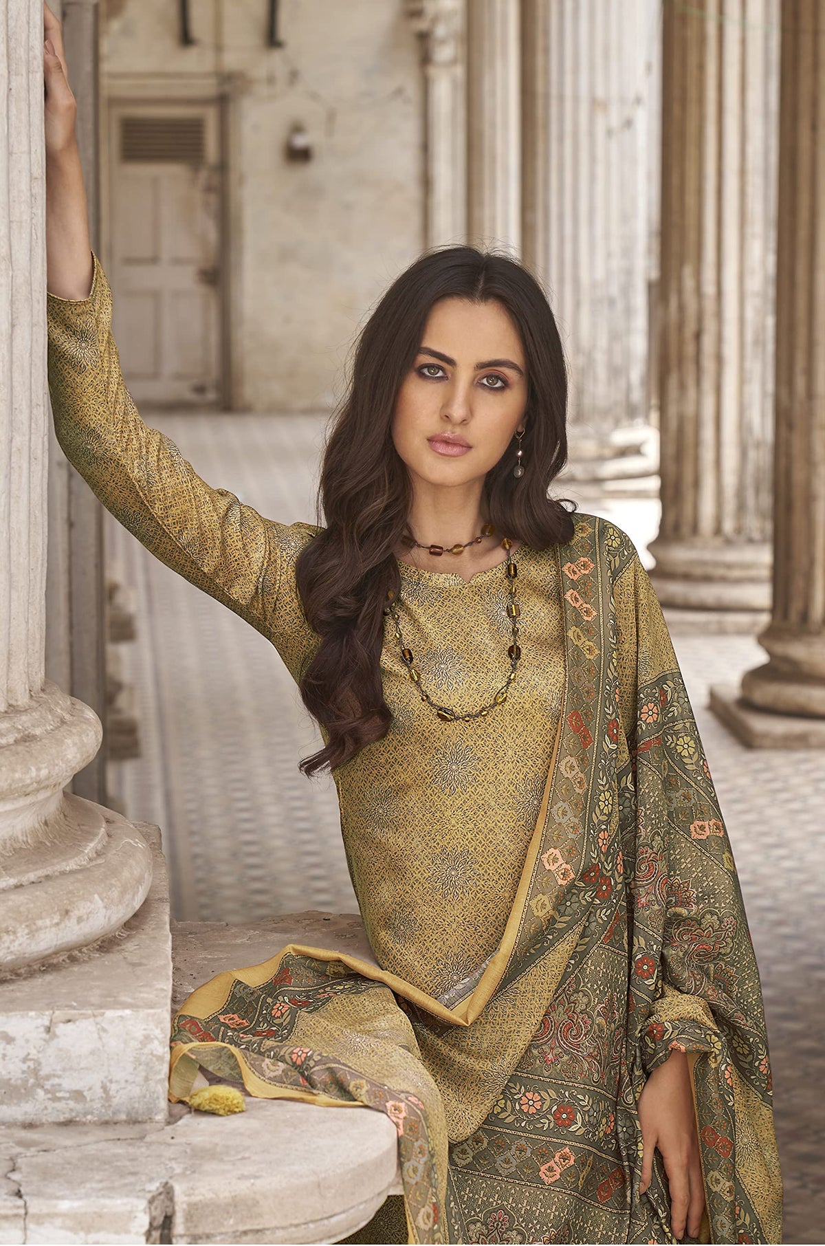DRAVINAM Trends Women's Unstitched digital Print Pure Woollen Pashmina Hand Embroidered Salwar Suit Dress Material with digital printed woolen shawl dupatta (Yellow)