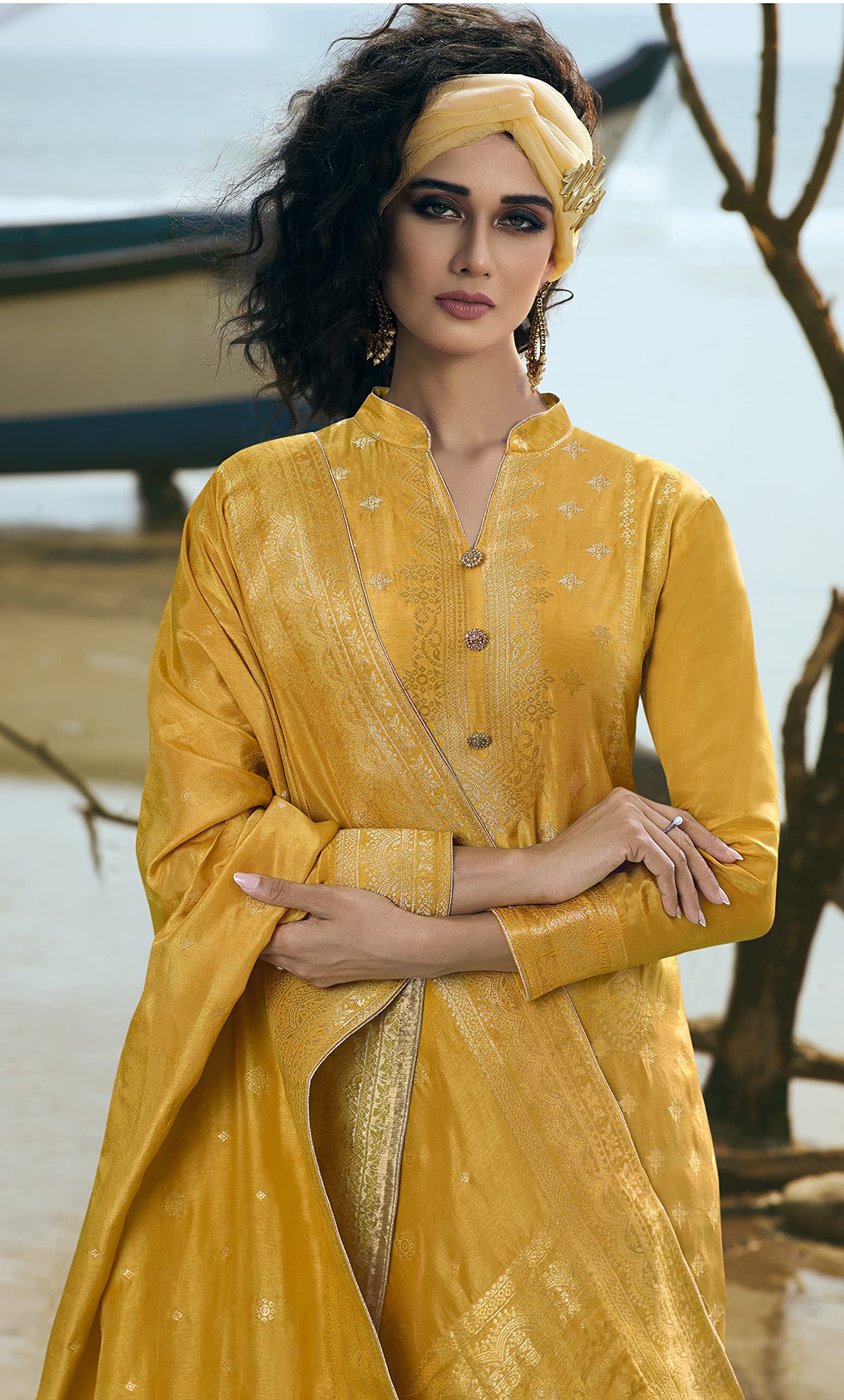 DRAVINAM Trends Women's Pure Banarasi Silk Unstitched Embroidered Sharara Style salwar Suit Dress Material with Heavy Pure Banarasi Jacquard Silk Dupatta (Free size_Magenta)