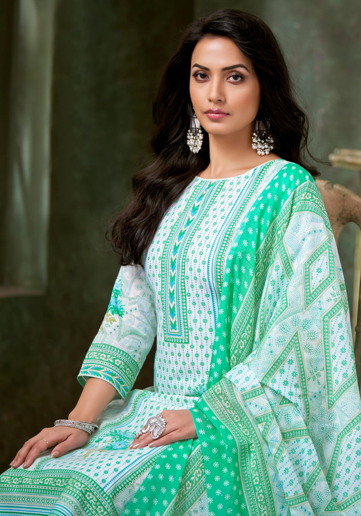 DRAVINAM Trends Pure Cotton Printed Dress Material Salwar Siroski Work Suit with Unstitched Bottoms and Cotton Dupatta
