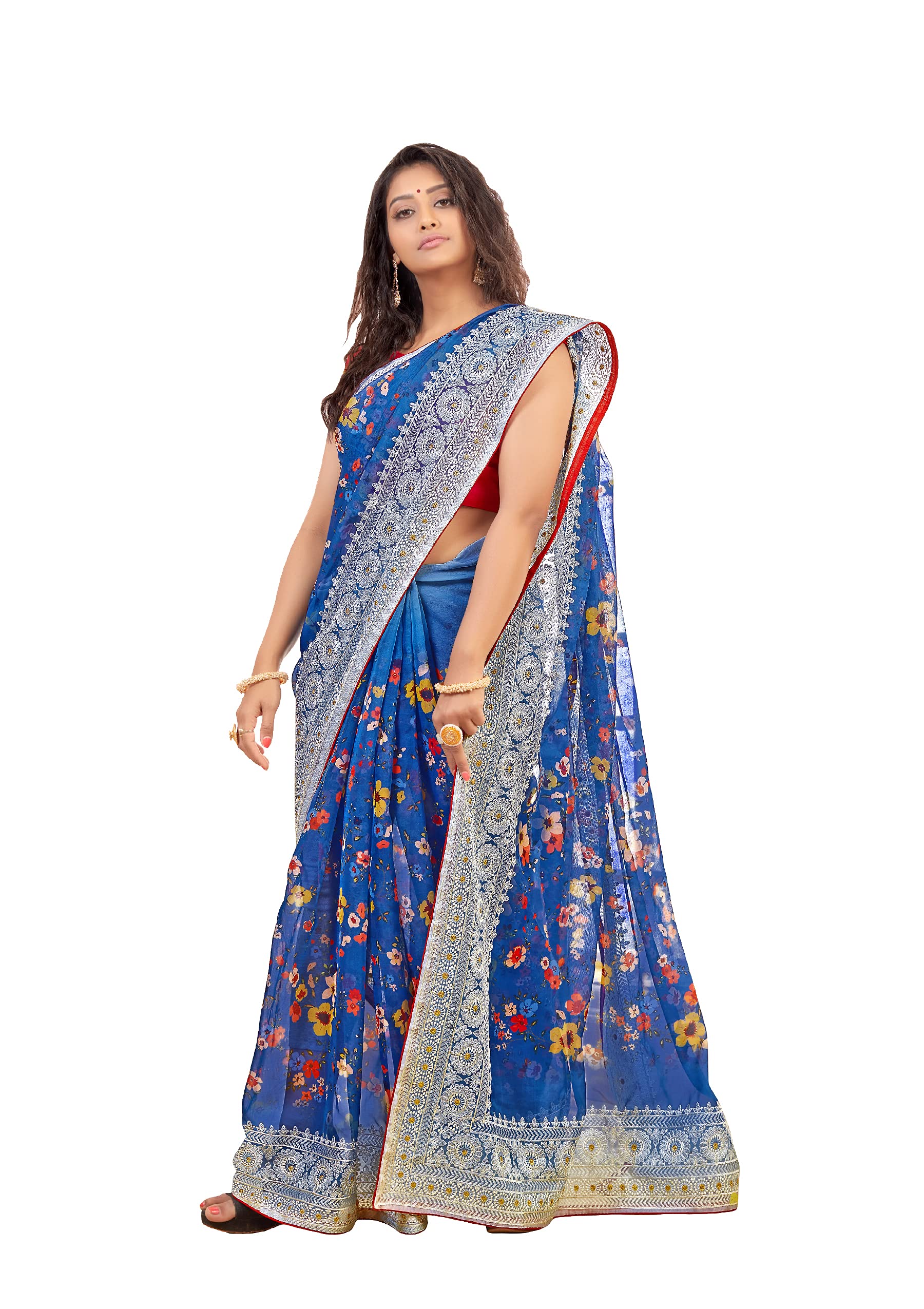 DRAVINAM Trends Women's Jacquard Organza Saree With Blouse Piece (NaaOr_7_Blue)