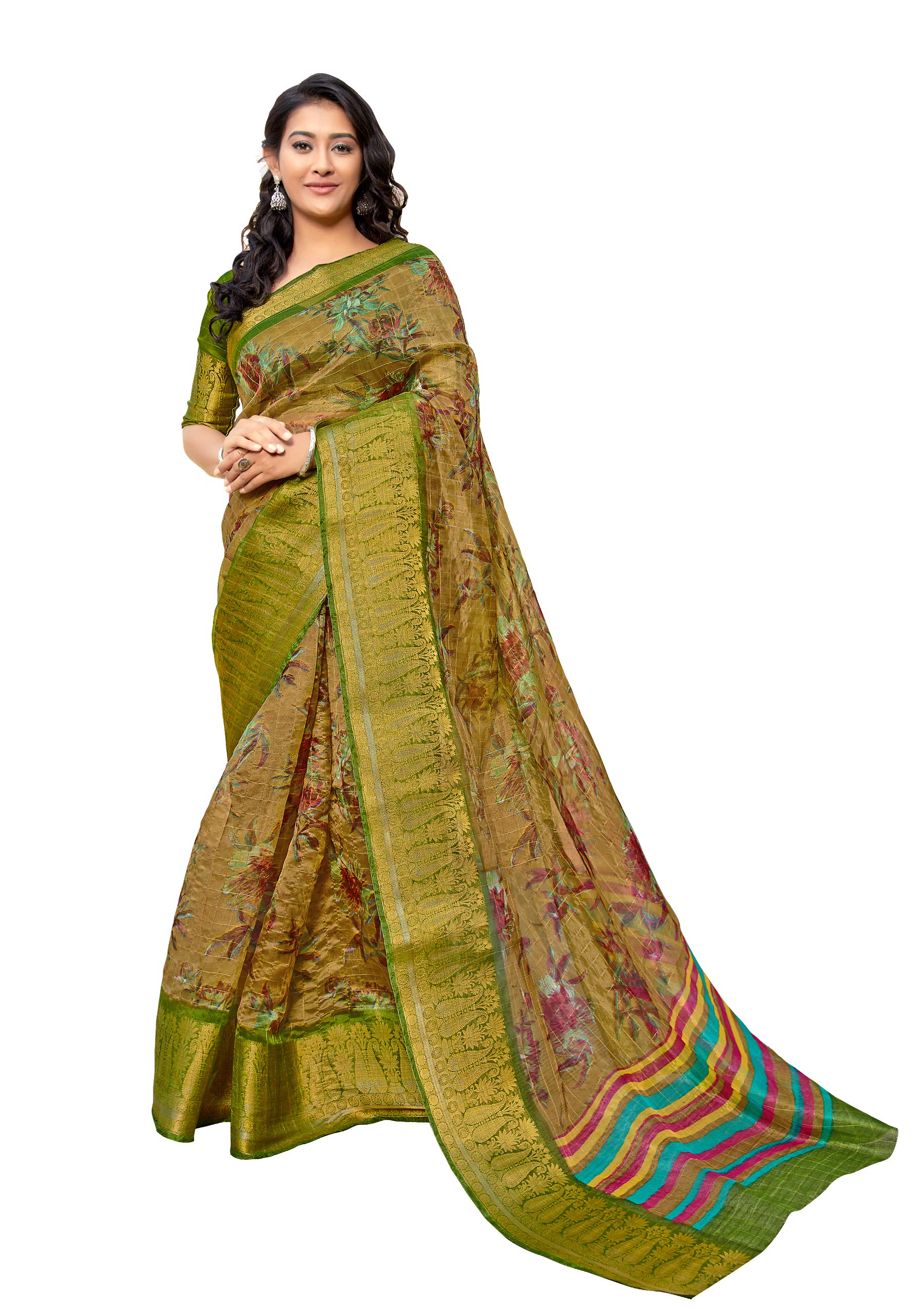 DRAVINAM Trends Women's Jacquard Organza Saree With Blouse Piece (Or_6_Mustard Brown And Green)