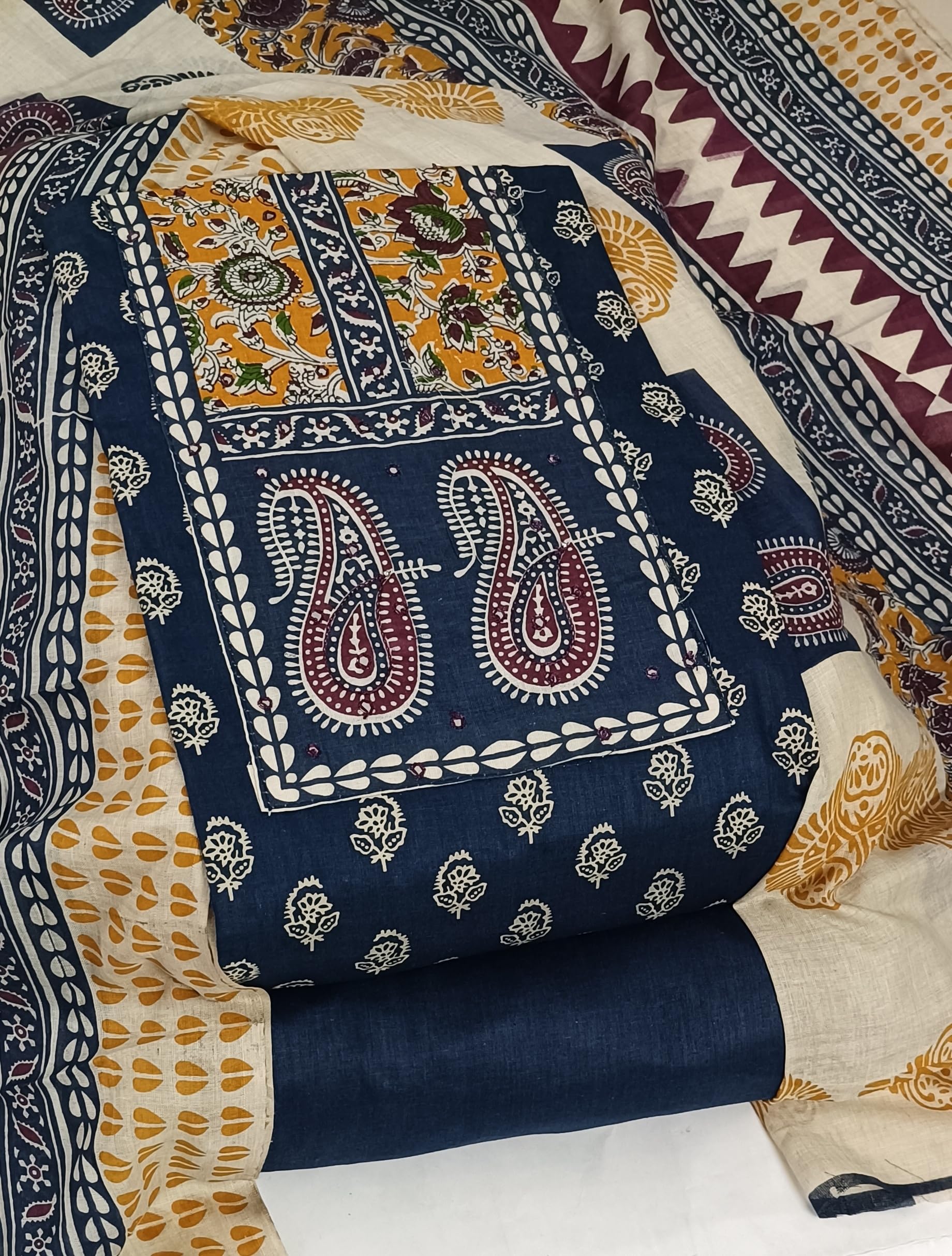 DRAVINAM Trends Women's Unstitched Cambric Cotton Dress Material Salwar Suit Set with Dupatta | Geometric Batik Print & Embellished Neckline (Multicolor)