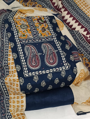 DRAVINAM Trends Women's Unstitched Cambric Cotton Dress Material Salwar Suit Set with Dupatta | Geometric Batik Print & Embellished Neckline (Multicolor)