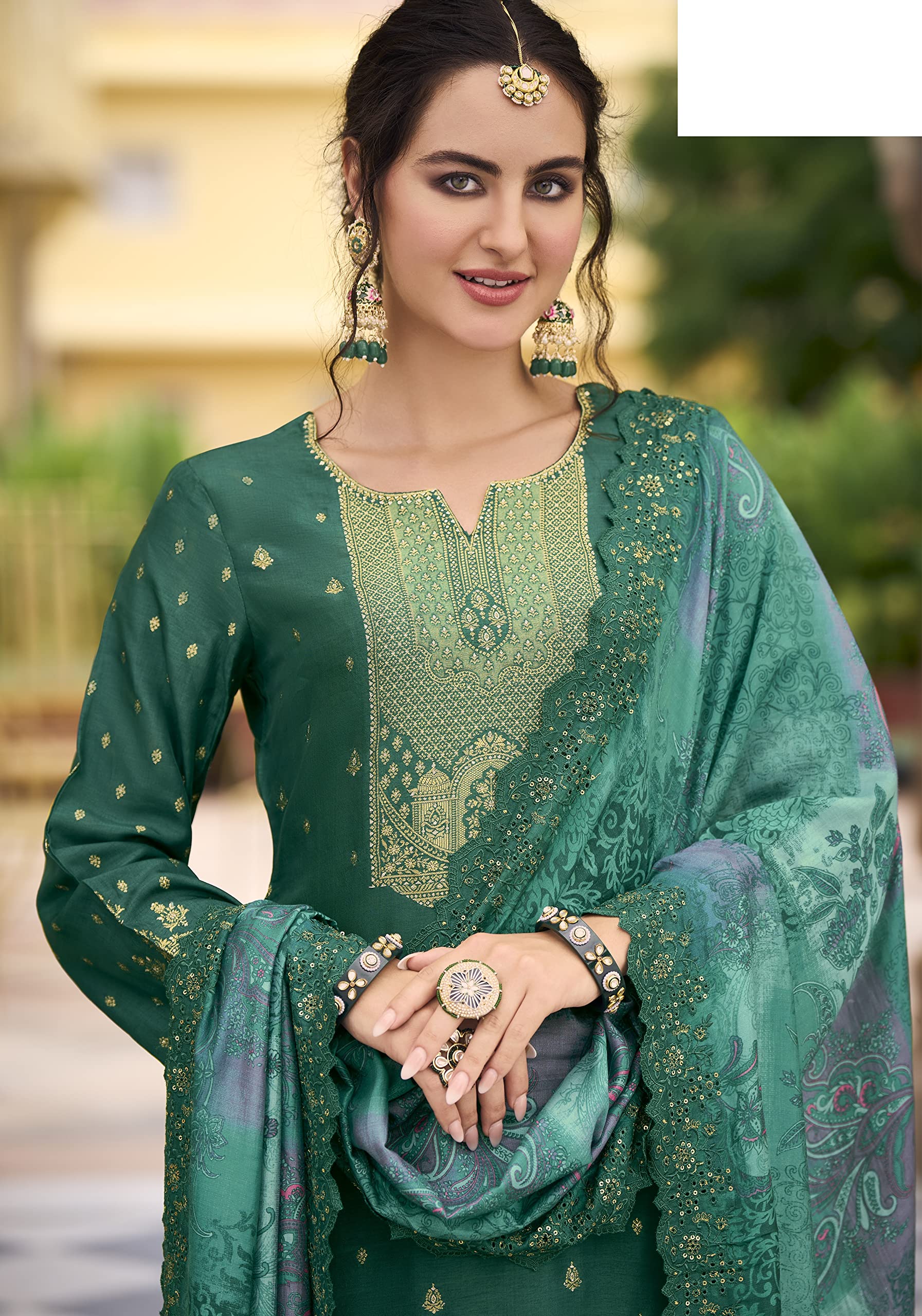 DRAVINAM Trends Women's Pure Dola Banarasi Silk Salwar Kameez Suit Dress Material with Digital Printed Embroidered Pure Viscose Heavy Silk Dupatta (