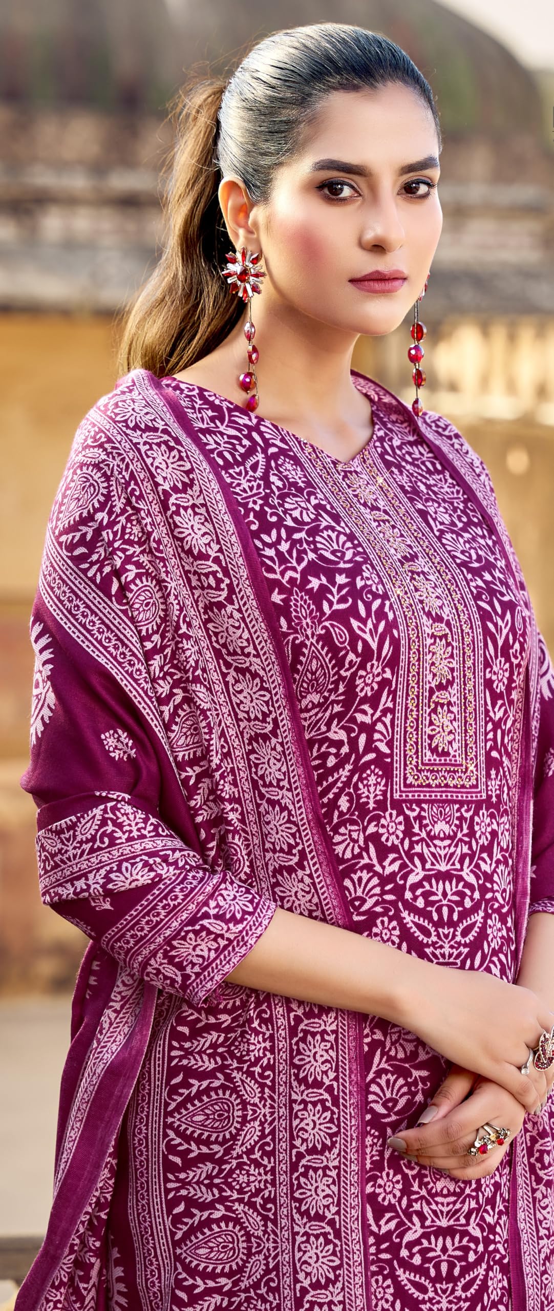 DRAVINAM Trends Women's Printed Pashmina Kani Unstitch Salwar Suit Dress Material with Siroski work and Printed Twill Pashmina Warm Shawl Dupatta