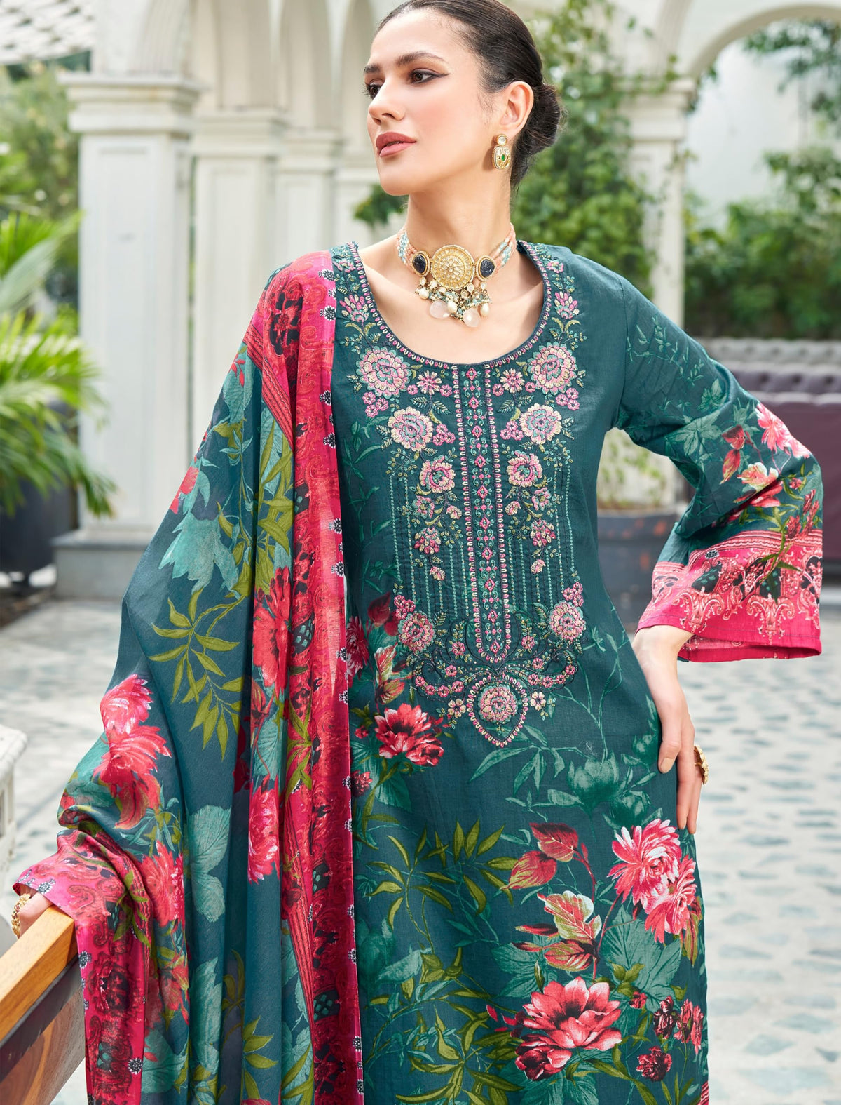DRAVINAM Trends Cambric Cotton Pakistani Embroidered Suit Dress Material with Unstitched Bottoms and Cotton Dupatta