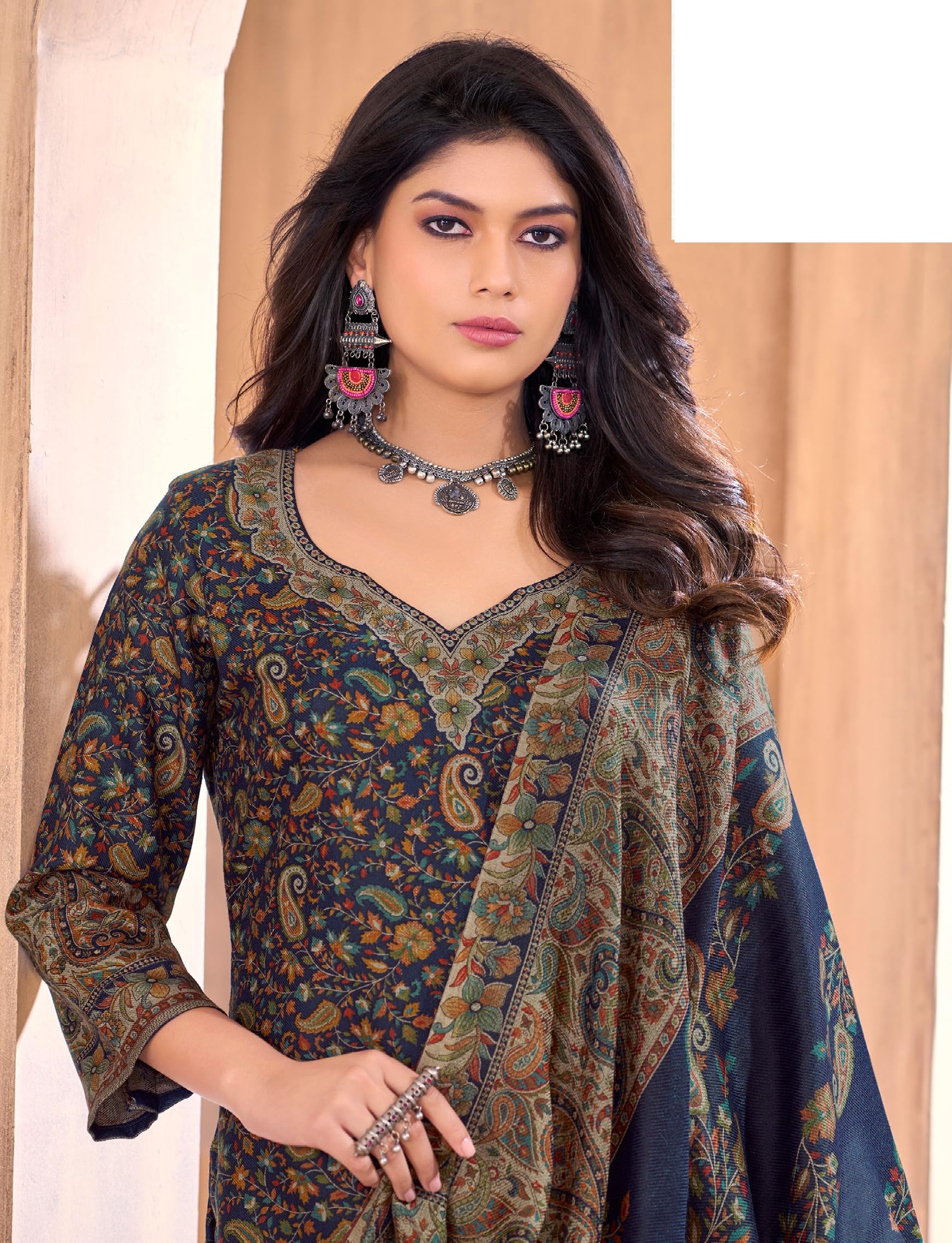 DRAVINAM Trends Women's Unstitched Winter Wear Kashmiri Kani Printed Swaroski Work Heavy Woolen Pashmina Salwar Suit Dress Material with Printed Shawl Dupatta