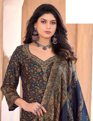 DRAVINAM Trends Women's Unstitched Winter Wear Kashmiri Kani Printed Swaroski Work Heavy Woolen Pashmina Salwar Suit Dress Material with Printed Shawl Dupatta