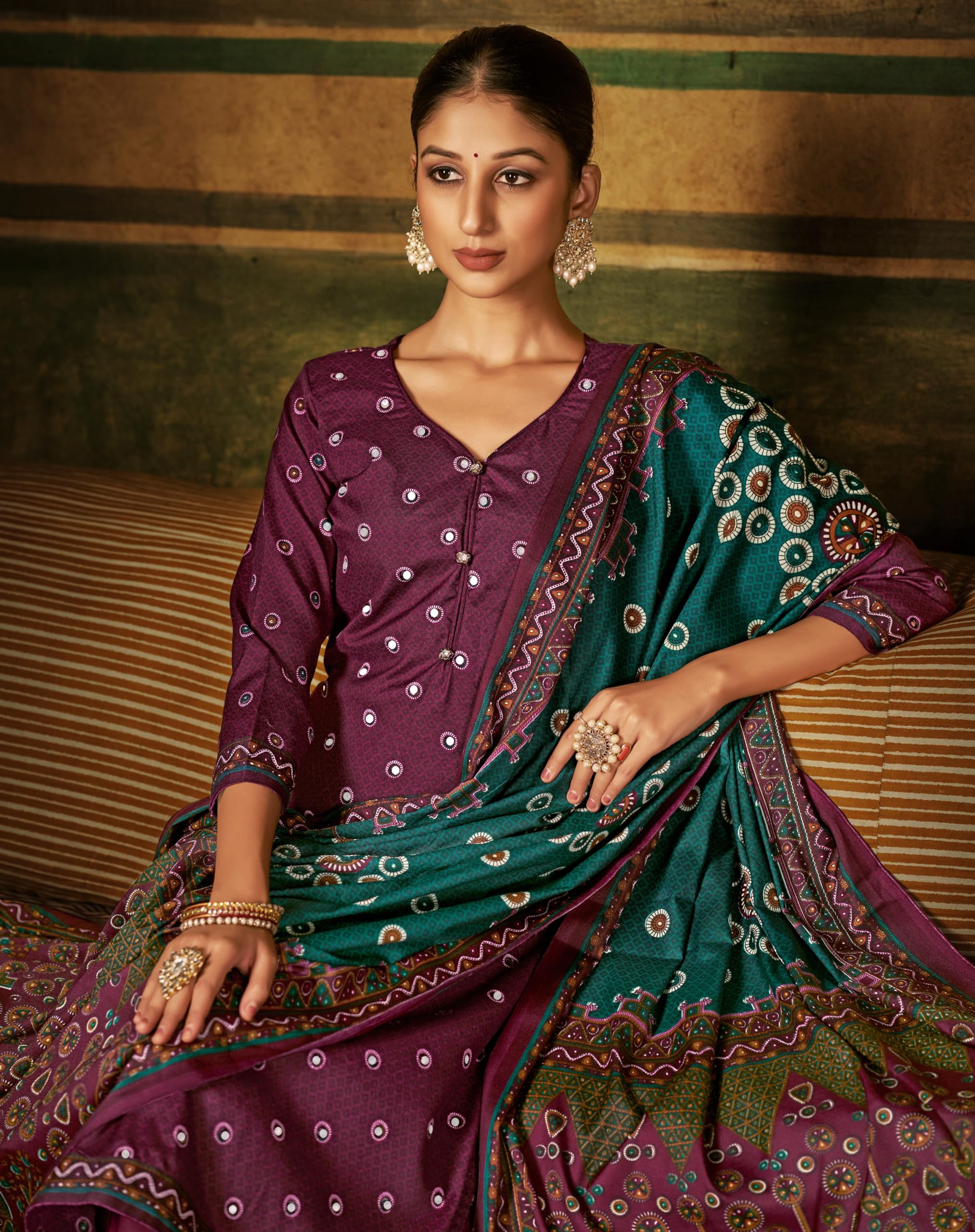 DRAVINAM Trends Women's Unstitched Kaani Print Mirror Work Spun Pashmina Winter wear Dress Material Fabric for Salwar Suit with printed spun pashmina Kashmiri shawl dupatta (Blue)