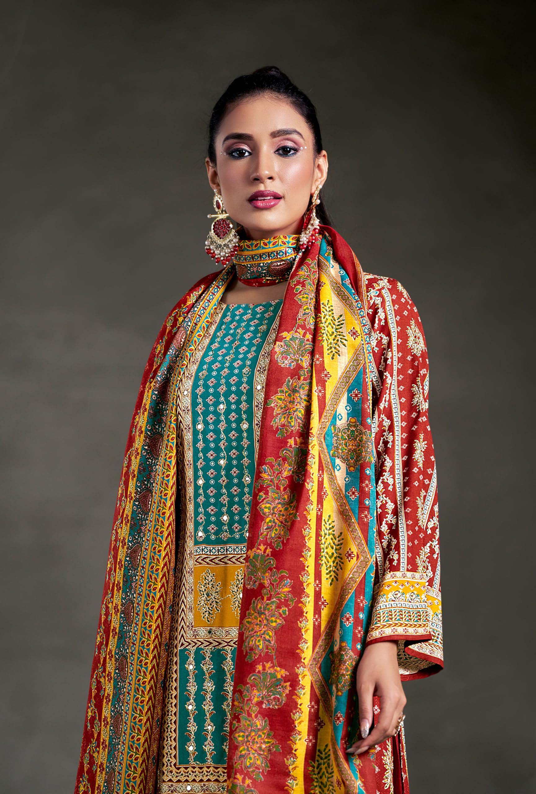 DRAVINAM Trends Women's Unstitched Embroidered Suit Dress Material - Heavy Viscose Rayon Printed Top with Fancy Hand Embroidery (2.5m), Rayon Bottom (2.8m), Cotton Dupatta (2.25m)