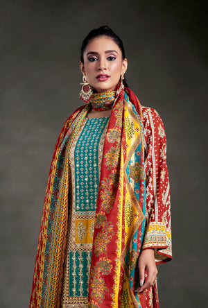 DRAVINAM Trends Women's Unstitched Embroidered Suit Dress Material - Heavy Viscose Rayon Printed Top with Fancy Hand Embroidery (2.5m), Rayon Bottom (2.8m), Cotton Dupatta (2.25m)