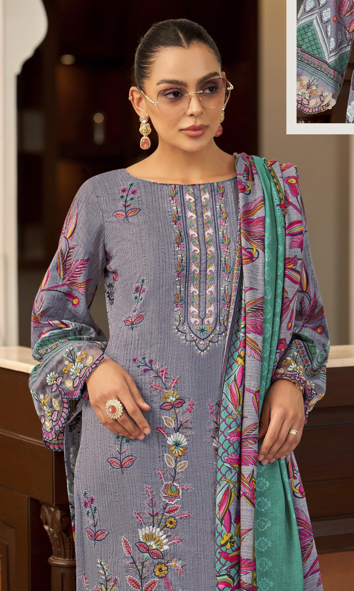DRAVINAM Trends Women's Unstitched Cotton Suit Dress Material - Pure Cambric Cotton Pakistani Print Embroidered Kameez II Pure Cotton Bottoms II Pure Cotton Dupatta