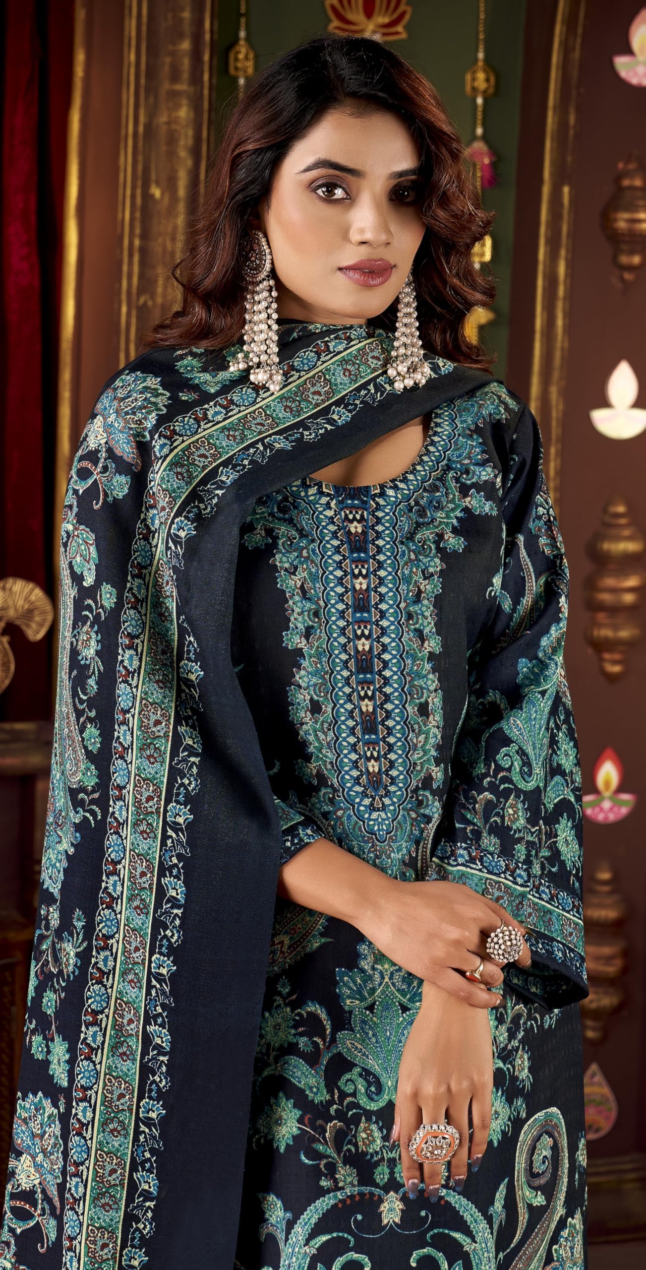 DRAVINAM Trends Women's Winter wear unstitched Printed Woollen Pashmina Salwar Suit Dress Material with Pashmina Printed Shawl Dupatta