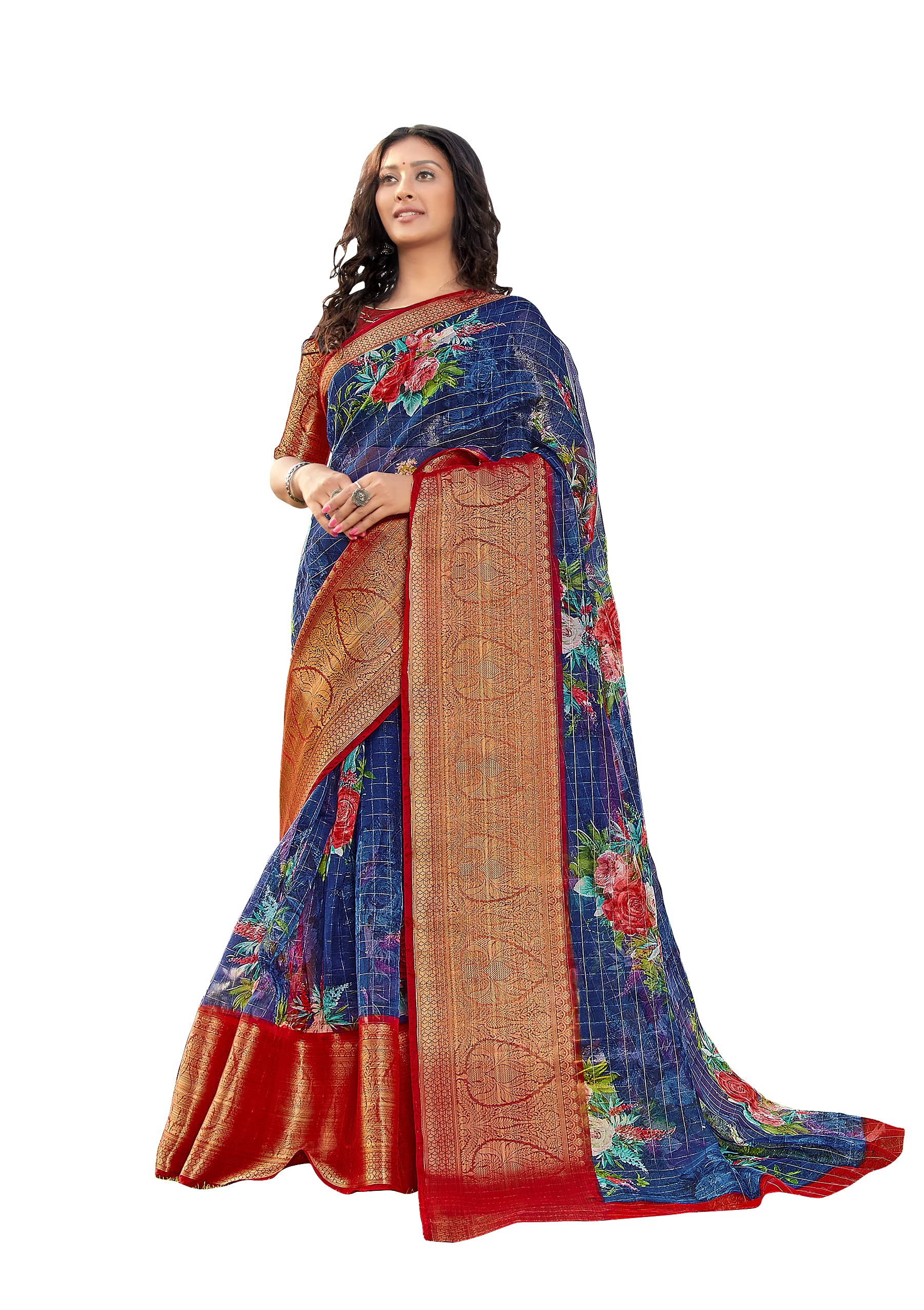 DRAVINAM Trends Digital Printed Organza Saree with Woven Jacquard Borders and Blouse Piece (Grey Red)