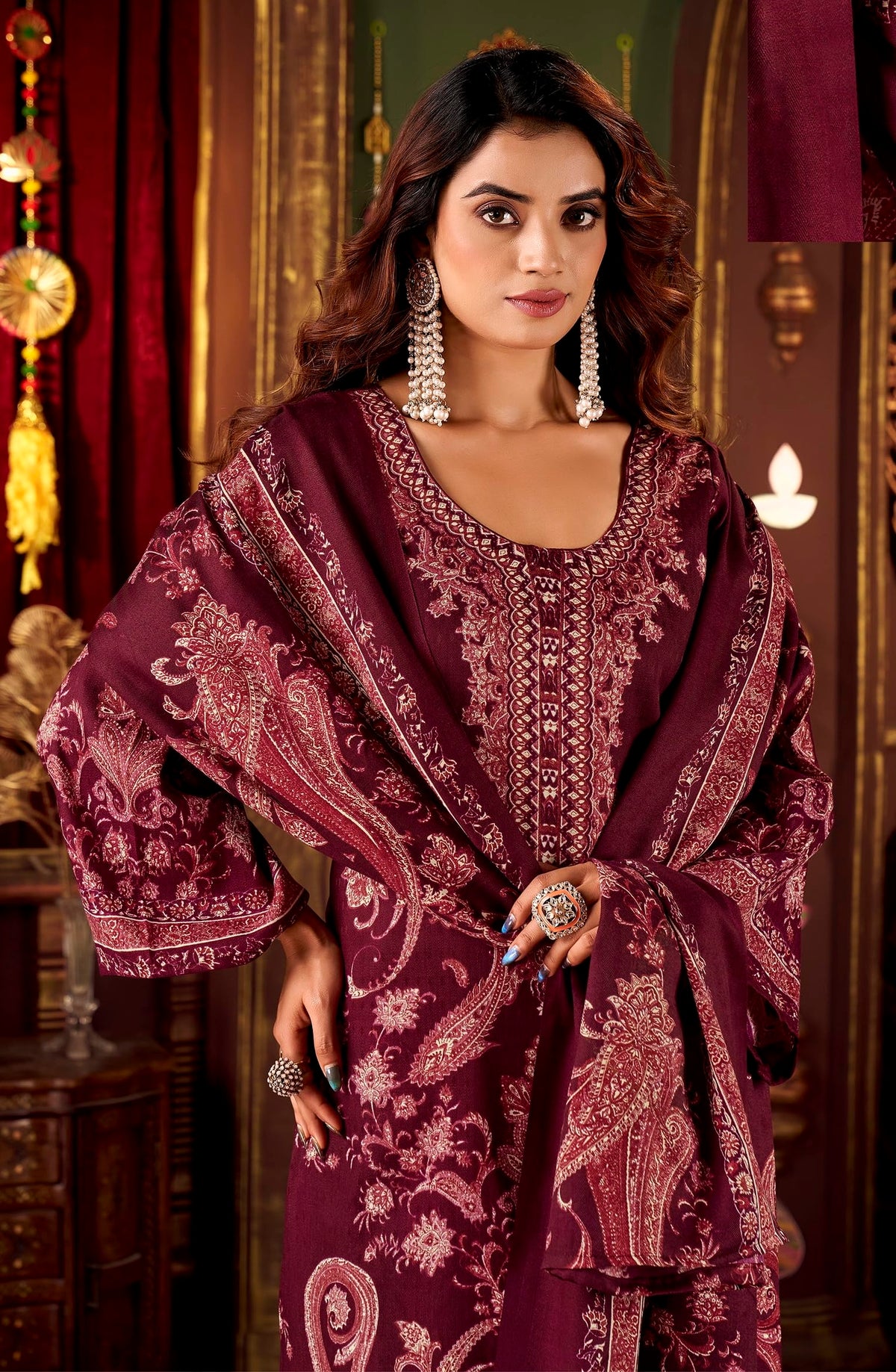 DRAVINAM Trends Women's Winter wear unstitched Printed Woollen Pashmina Salwar Suit Dress Material with Pashmina Printed Shawl Dupatta