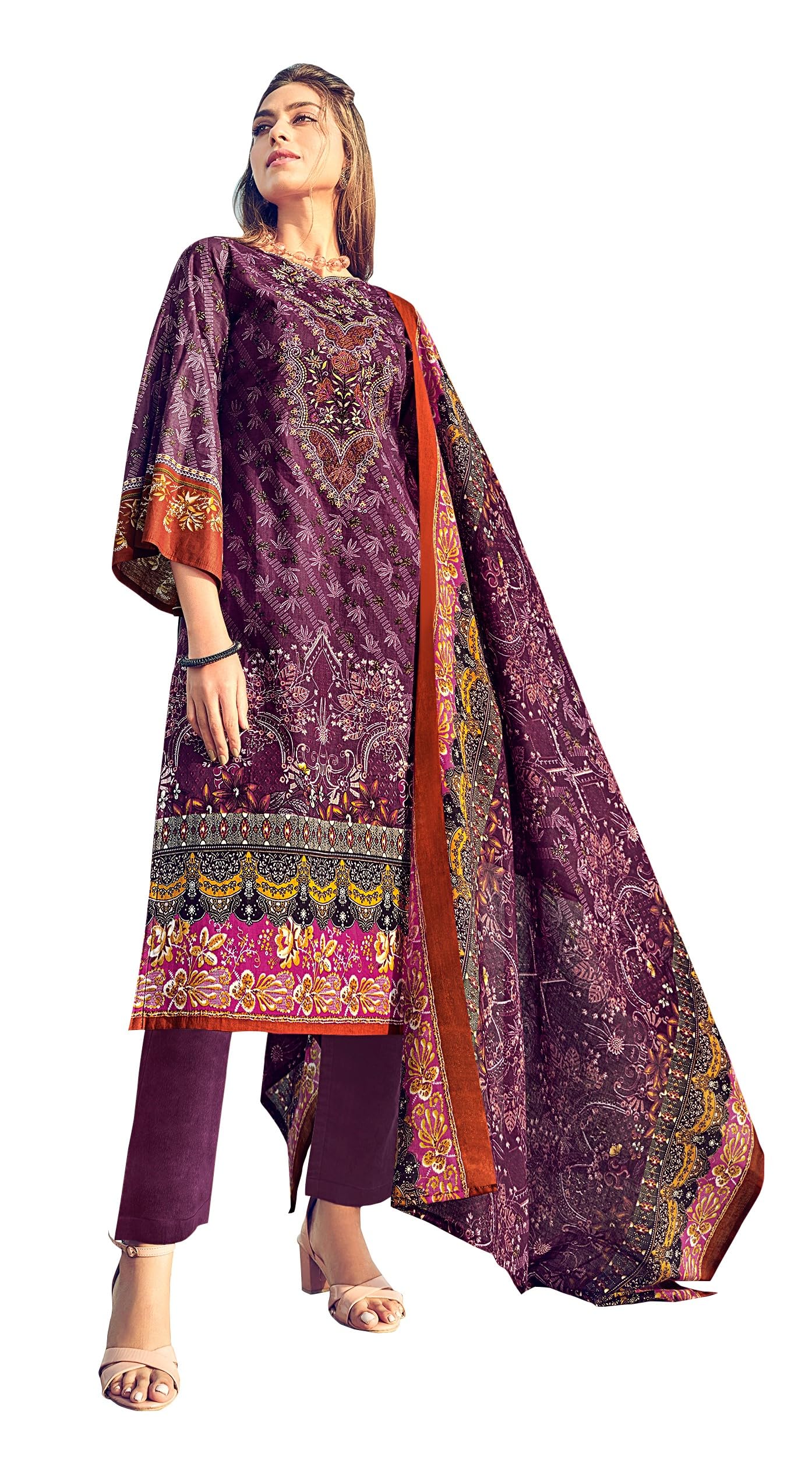 DRAVINAM Trends Women's Unstitched Premium Cotton Suit Material - Soft Digital Printed Embroidered Kameez II Matching Bottoms II Malmal Printed Dupatta
