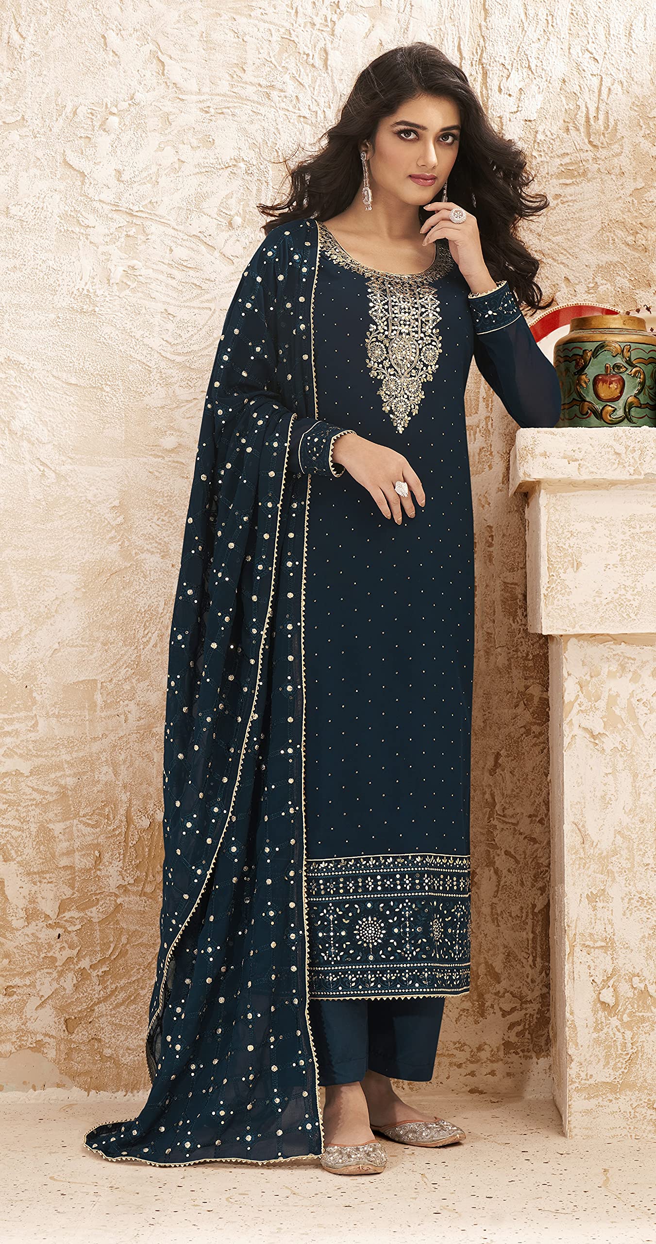 DRAVINAM Trends Women’s Georgette Unstitched Sequence Embroidered Pakistani Salwar Suit FabricDress Material with Zari Embroidery Dupatta (pink)