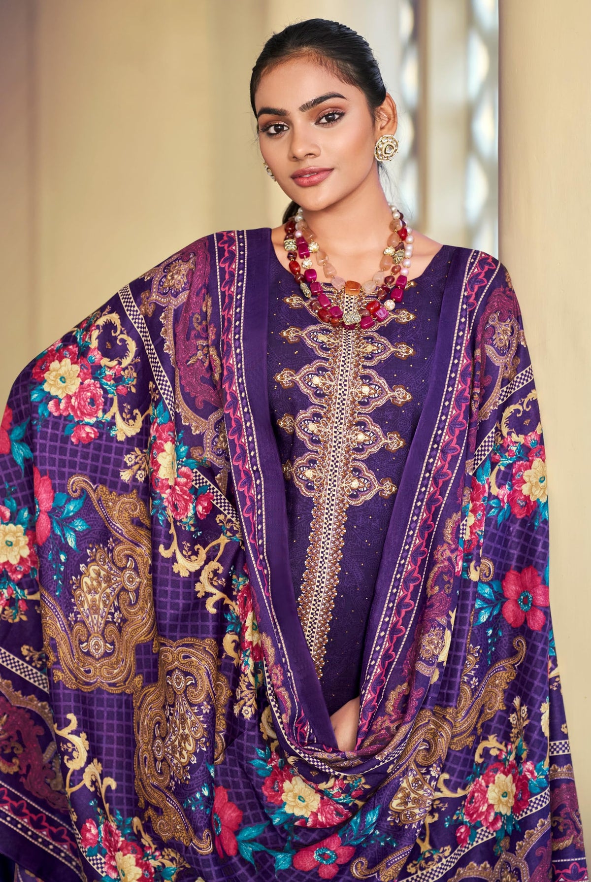 DRAVINAM Trends Women's Unstitched Embroidered Suit Dress Material - Heavy Viscose Rayon Printed Top with Fancy Hand Work and Siroski Work (2.5m), Rayon Bottom (2.8m), Cotton Dupatta (2.25m)