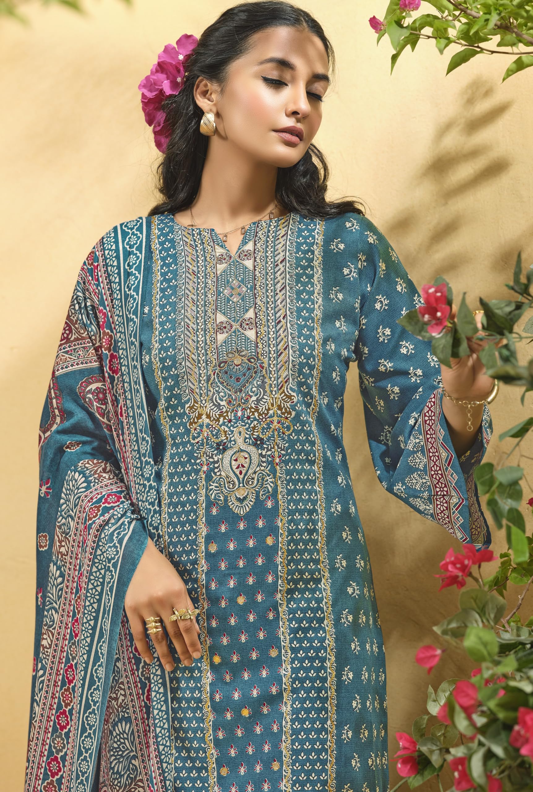 DRAVINAM Trends Women's Unstitched Salwar Suit Dress Material - Cotton Digital Printed Organza Embroidered Kameez II Unstitch Bottoms II Cotton Dupatta
