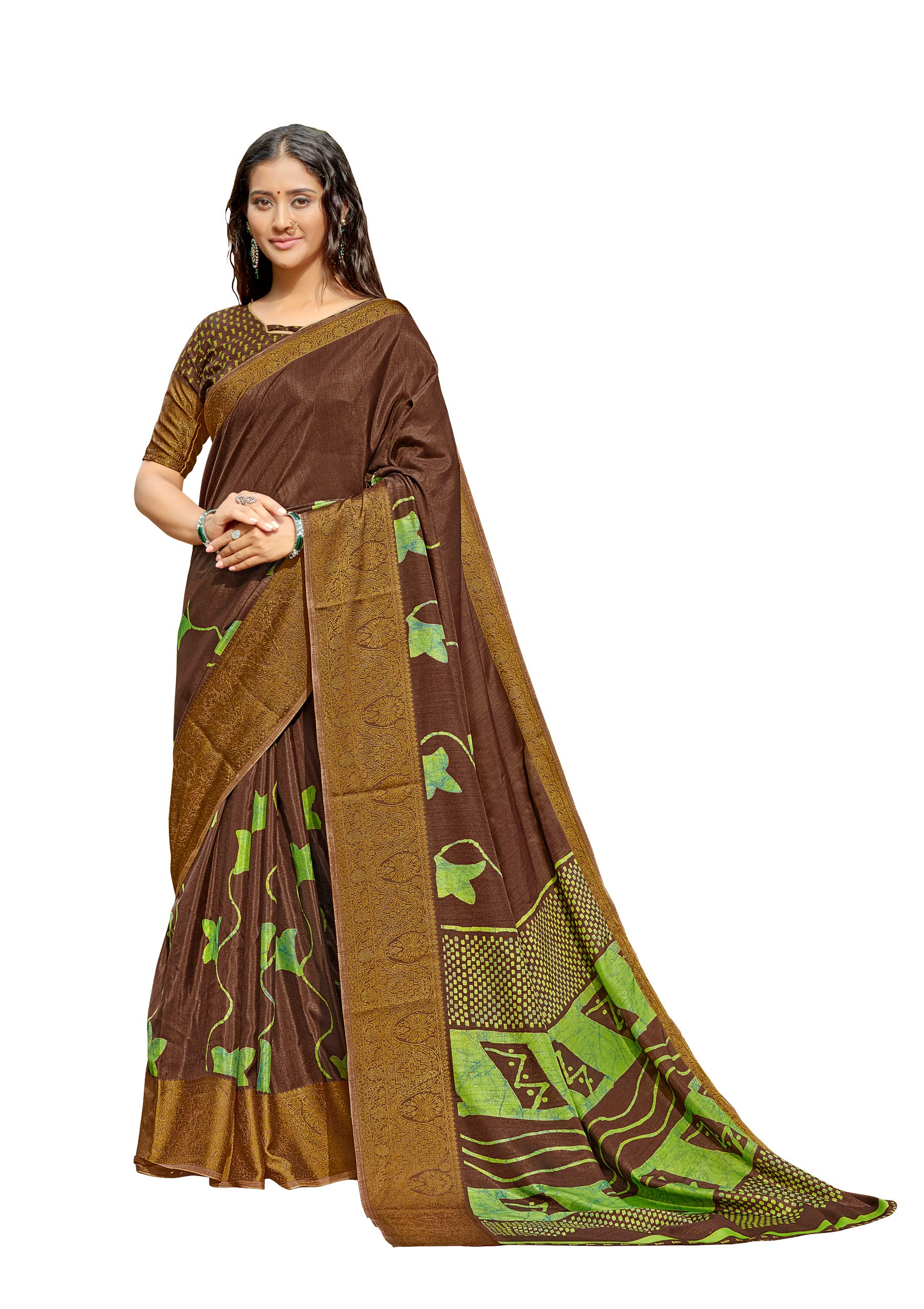 DRAVINAM Trends Women's Printed Pure Dola Silk Saree with Viscose Woven Border and Blouse Piece (Choclate Brown)