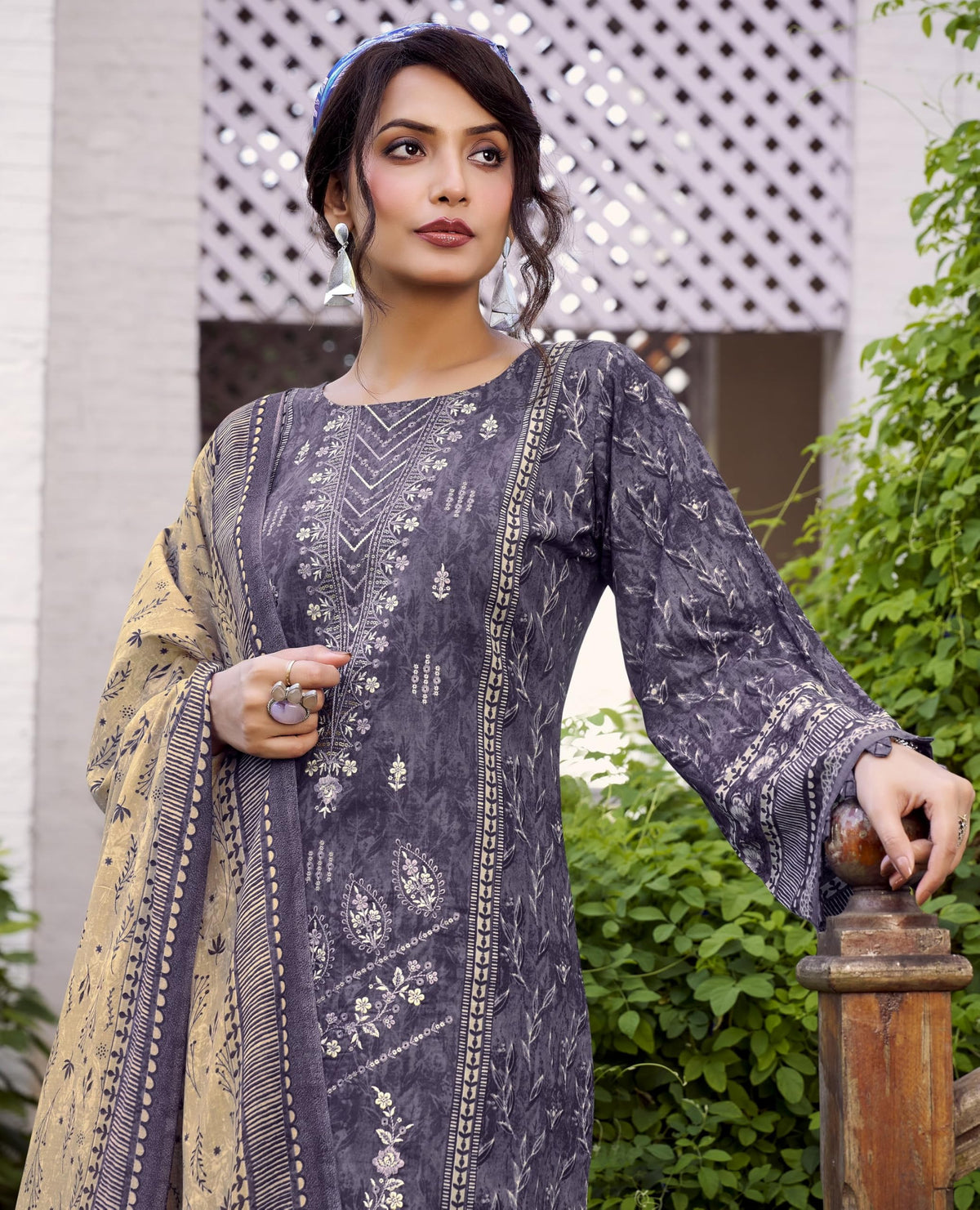 DRAVINAM Trends Unstitched Karachi Lawn Cotton Pakistani Digital Printed Embroidered Suit Dress Material with Unstitched Bottoms and Cotton Dupatta