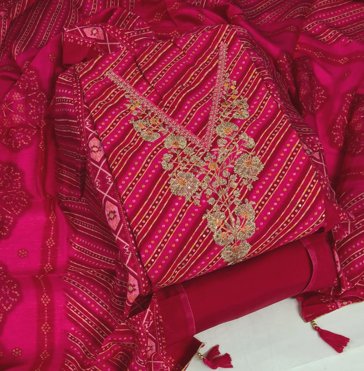 DRAVINAM Trends Womens Modal Silk Unstitched Suit Material with Embroidered Printed Kurta Pant and Dupatta