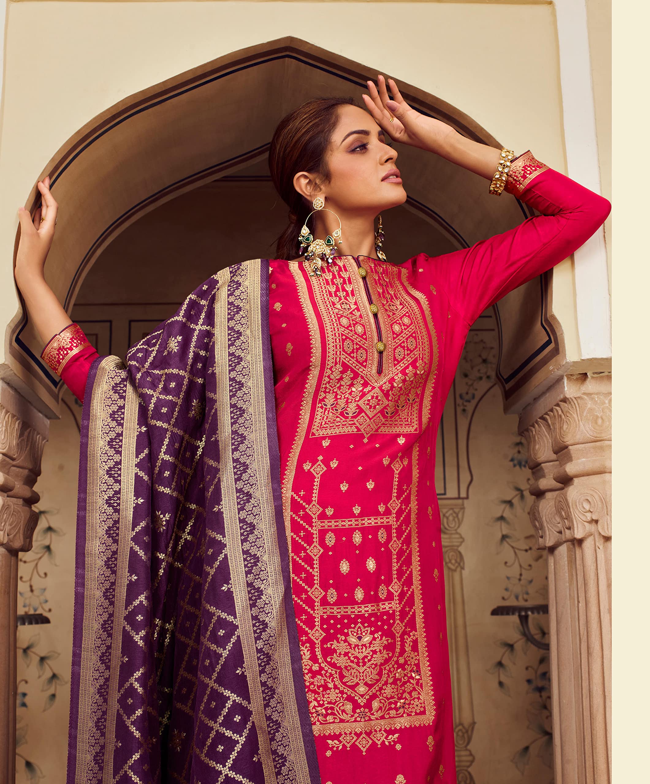 DRAVINAM Trends Unstitched Meenakari Zari Dola Banarasi Silk Salwar suit Dress Material with Dola Jacquard Double Jari Heavy Beautiful Dupatta (Peach and Dark Purple)