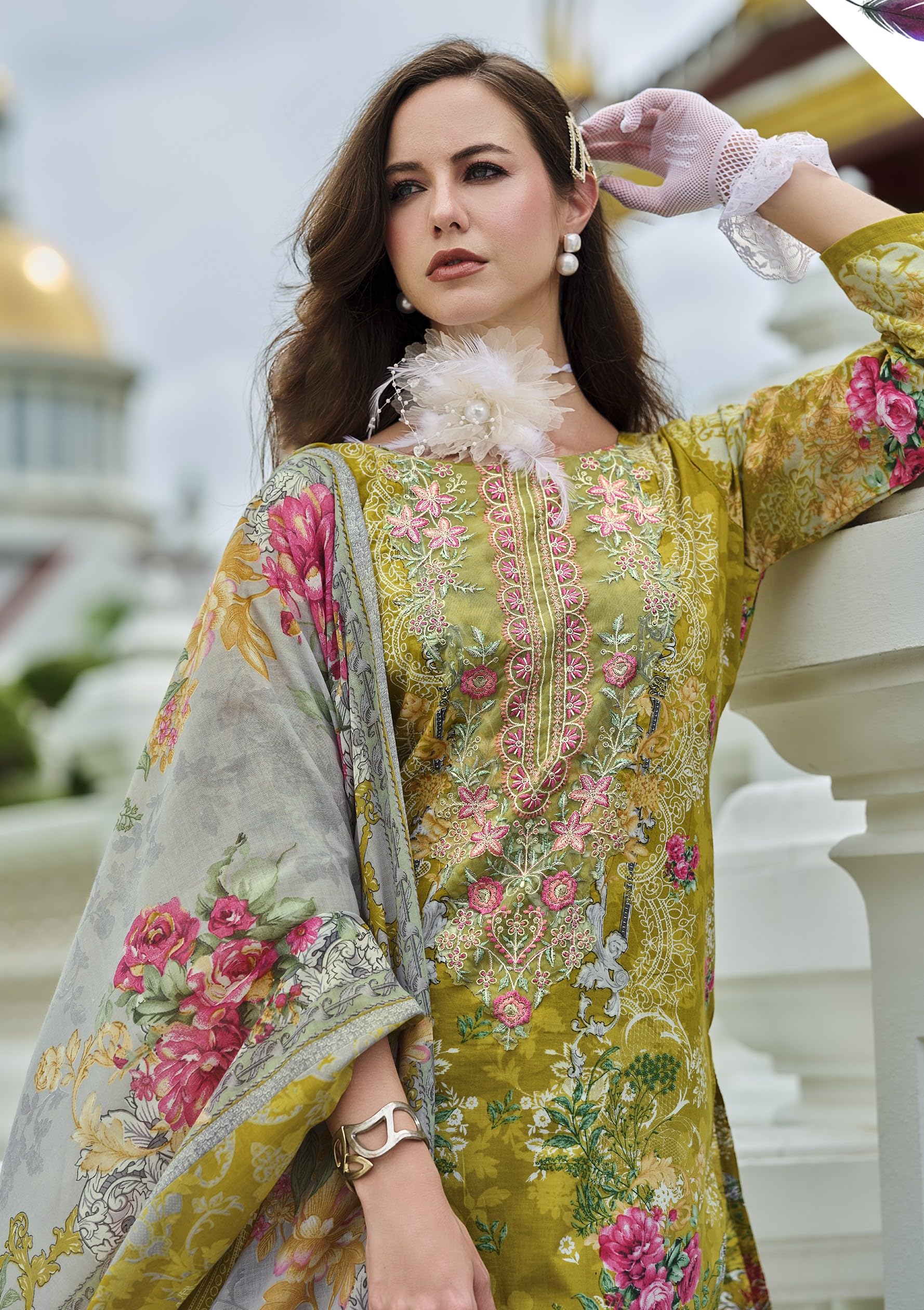 DRAVINAM Trends Kurti 2.50 mtrs,Soft Cotton Salwar(3 mtrs apx),Soft Cotton Mal mal dupatta(2.30 mtr) Unstitched Material Embroided|Yellow