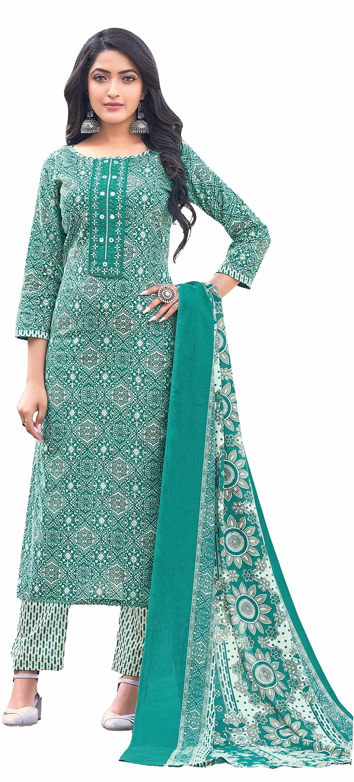 DRAVINAM Trends Women's Unstitched Cambric Cotton Printed Embroidered Salwar Suit Dress Material with Printed Cotton Digital printed Dupatta (Blue)