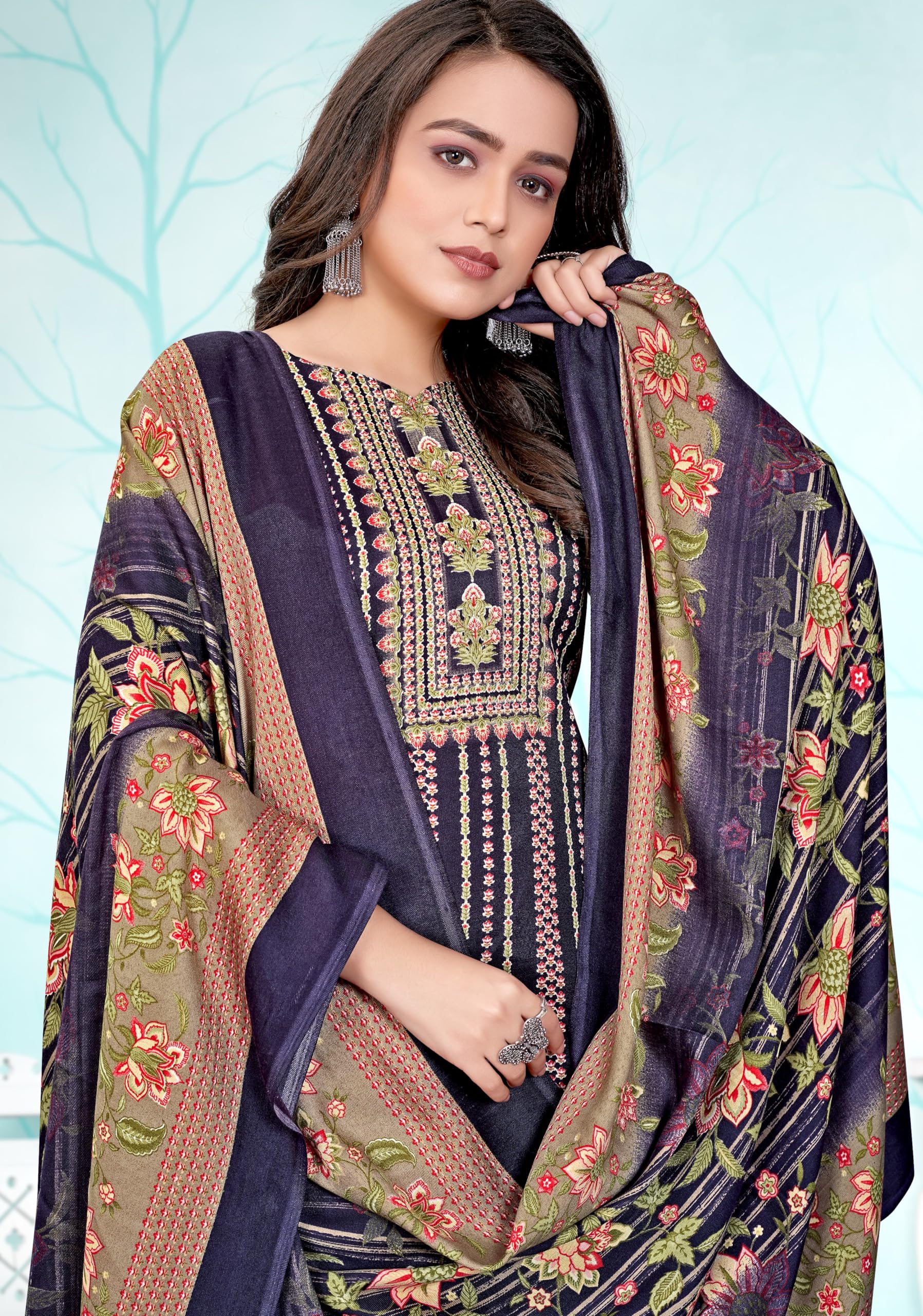 DRAVINAM Trends Women's Unstitched Kaani Print Pashmina Winter wear Dress Material Fabric for Salwar Suit with printed pashmina Kashmiri shawl dupatta (Pink)