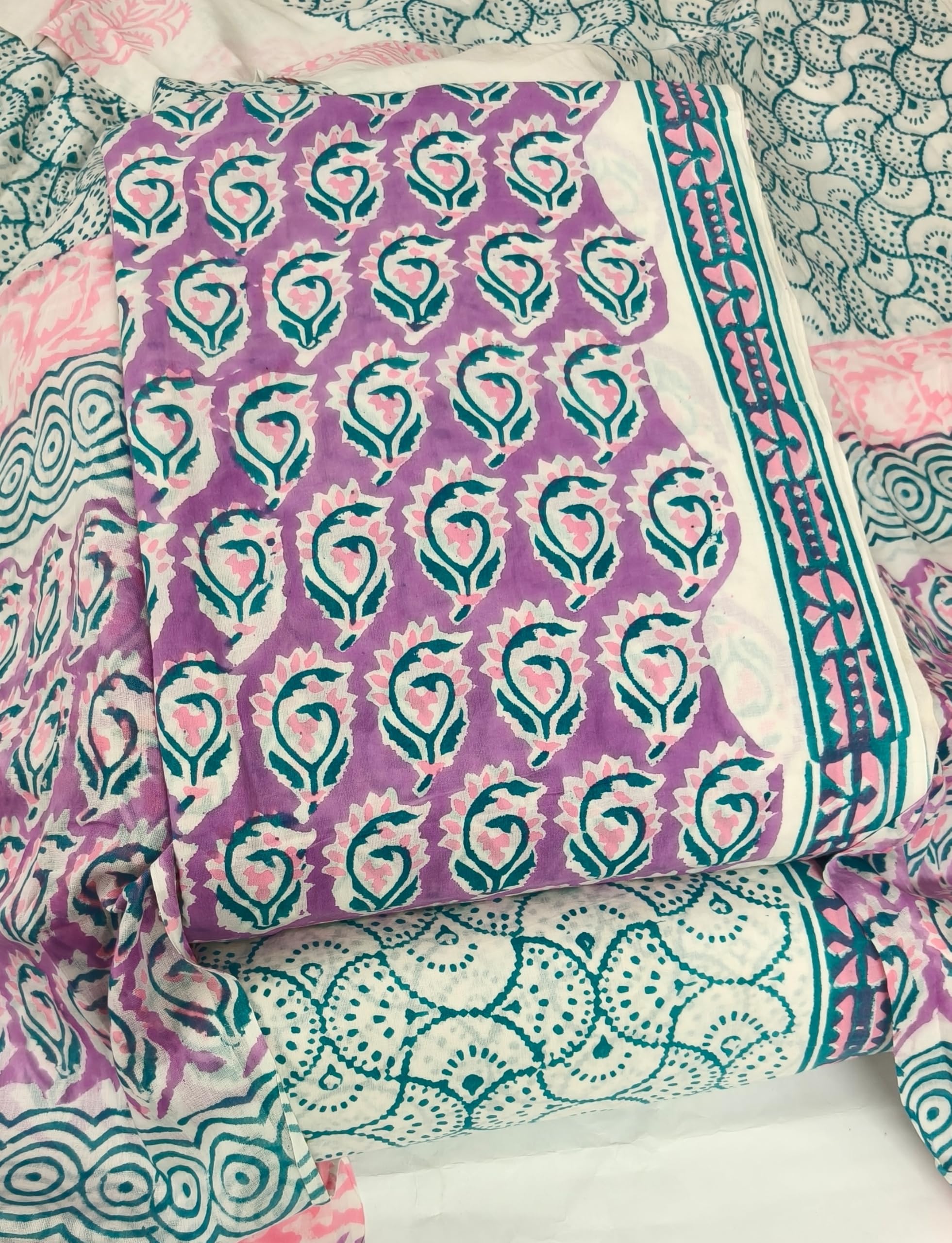 DRAVINAM Trends Hand Block Print Sanganeri Cambric Unstitched Cotton Suit Dress Material for Women with Mulmul Cotton Hand Printed Dupatta