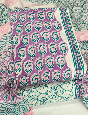 DRAVINAM Trends Hand Block Print Sanganeri Cambric Unstitched Cotton Suit Dress Material for Women with Mulmul Cotton Hand Printed Dupatta