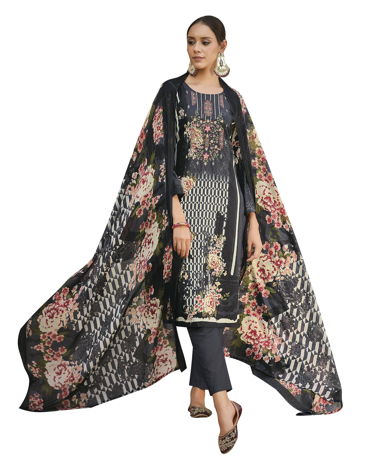 DRAVINAM Trends Unstitched Pakistani Print Embroidered Cotton Salwar Suit Dress Materials with Dupatta