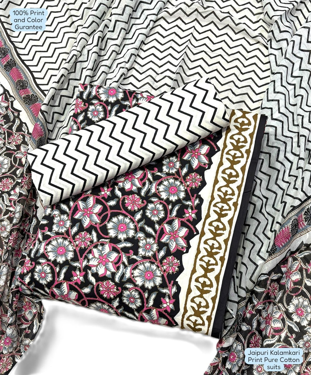 DRAVINAM Trends Unstitched Jaipuri Handmade Traditional Kalamkari Print Soft Cotton Dress Material with Cotton Dupatta
