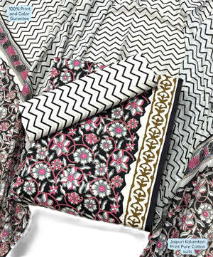 DRAVINAM Trends Unstitched Jaipuri Handmade Traditional Kalamkari Print Soft Cotton Dress Material with Cotton Dupatta