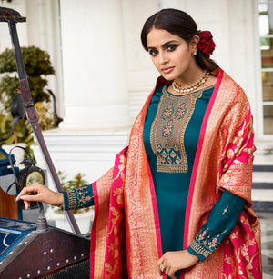 DRAVINAM Trends Women's Satin Georgette Unstitched Embroidered Chudidaar Salwar Suit dress Material with Heavy Pure Banarasi Meena Jacquard silk Dupatta (Free size_Blue and Firozee)