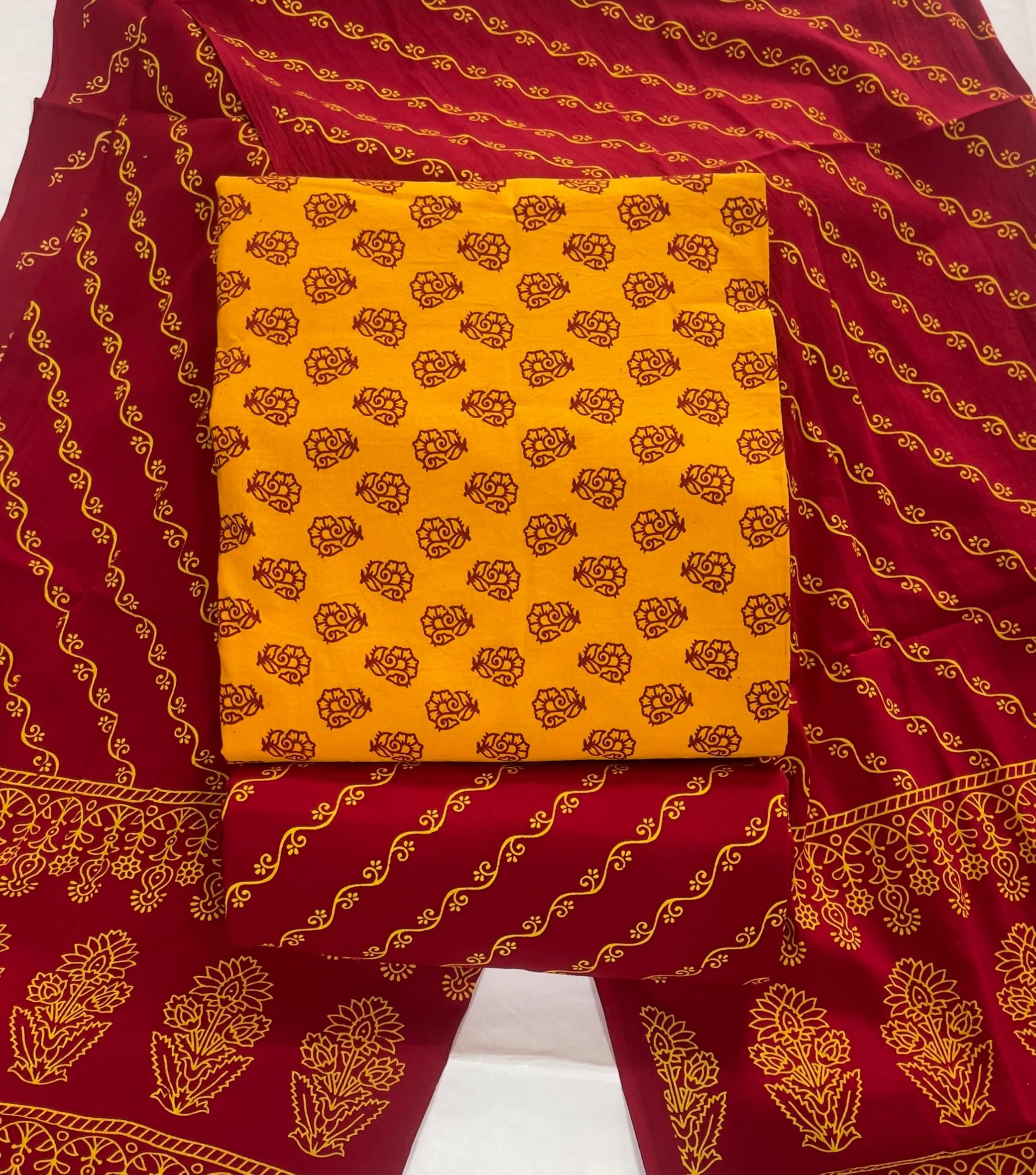 DRAVINAM Trends Women's Premium Cotton Unstitched Salwar Suit Dress Material Set | Traditional Rajasthani Gujari Block Print (Red & Mustard Yellow)