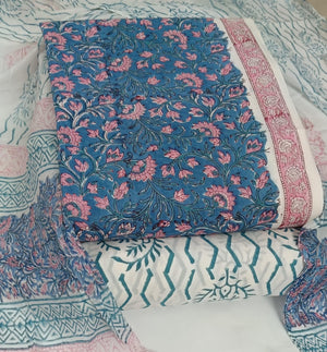 DRAVINAM Trends Hand Block Print Cambric Cotton Unstitched Salwar Suit Set for Women with Pure Chiffon Hand Printed Dupatta