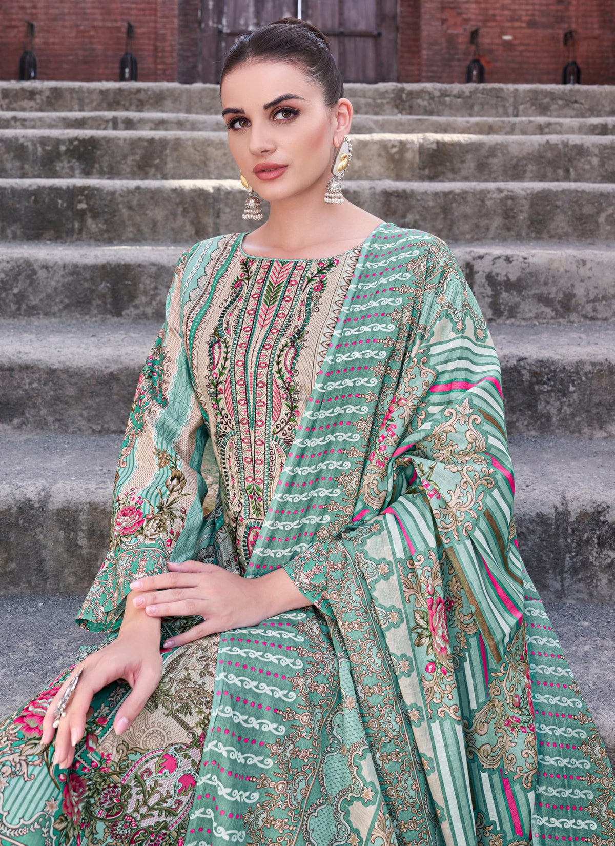 DRAVINAM Trends Unstitched Pakistani Embroidered Pure Cambric Cotton Salwar Suit Dress Materials with Cotton Dupatta