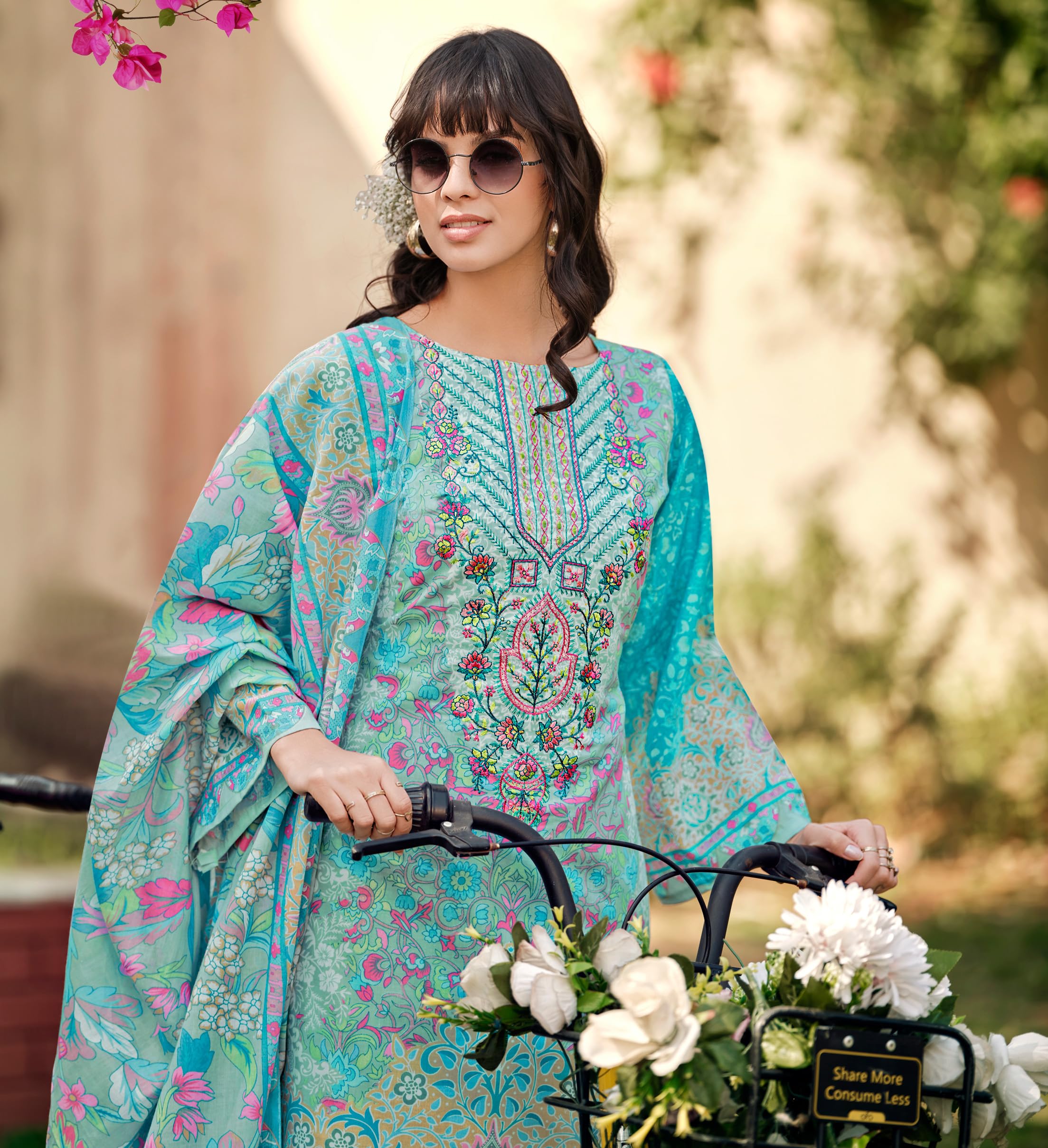 DRAVINAM Trends Women's Unstitched Salwar Suit Dress Material - Cotton Digital Printed Organza Embroidered Kameez II Unstitch Bottoms II Cotton Dupatta