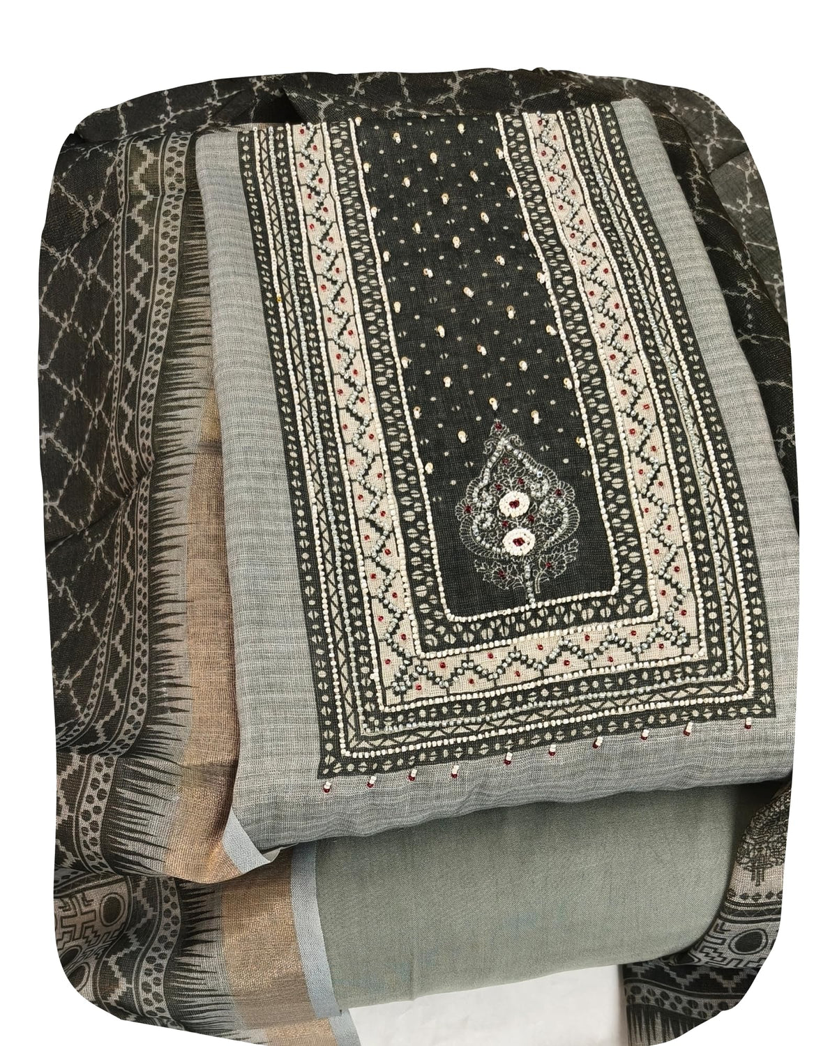 DRAVINAM Trends Women's Tissue Silk Embroidered Unstitched Suit Set with Shantoon Bottom & Dupatta