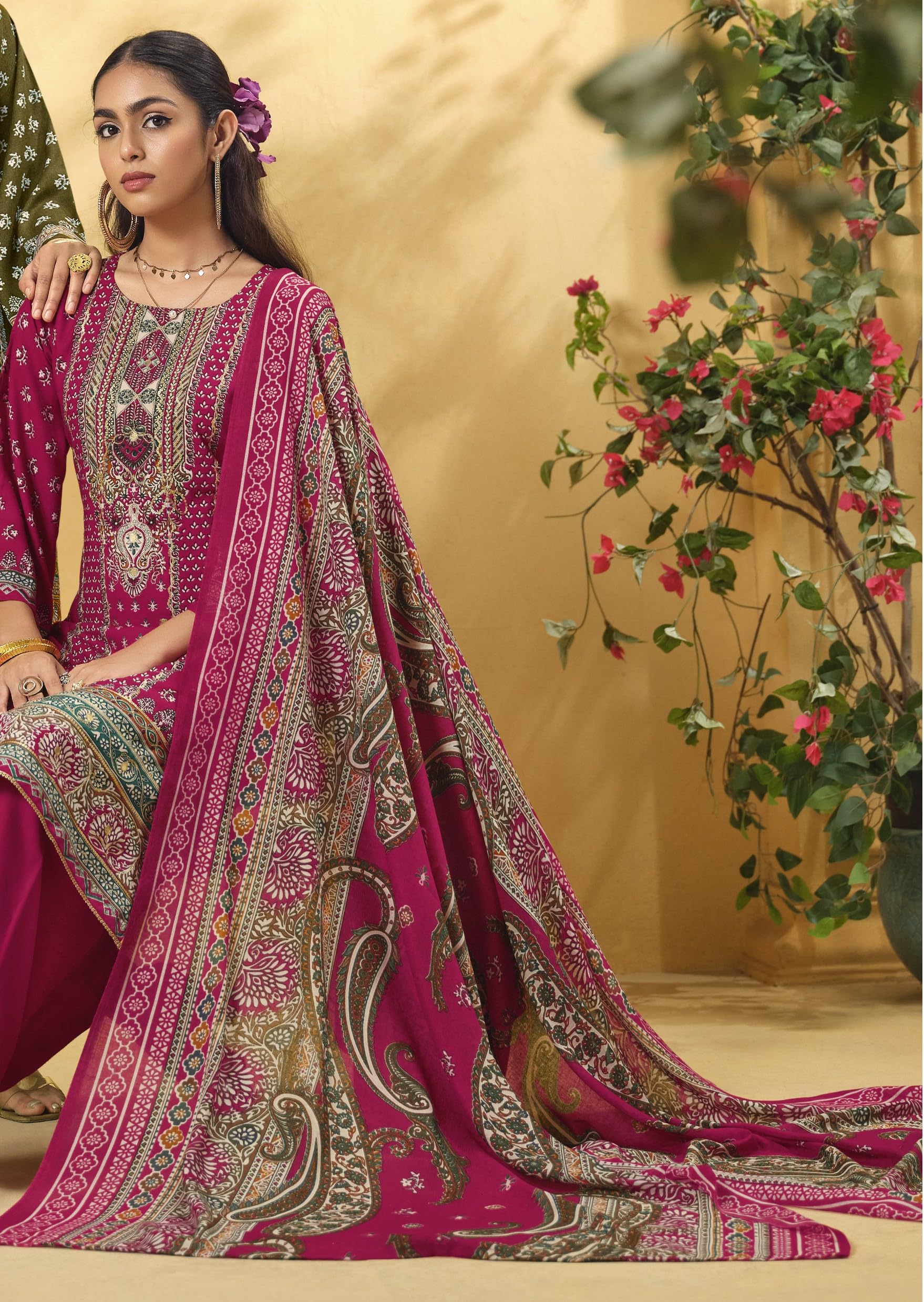 DRAVINAM Trends Women's Unstitched Salwar Suit Dress Material - Cotton Digital Printed Organza Embroidered Kameez II Unstitch Bottoms II Cotton Dupatta