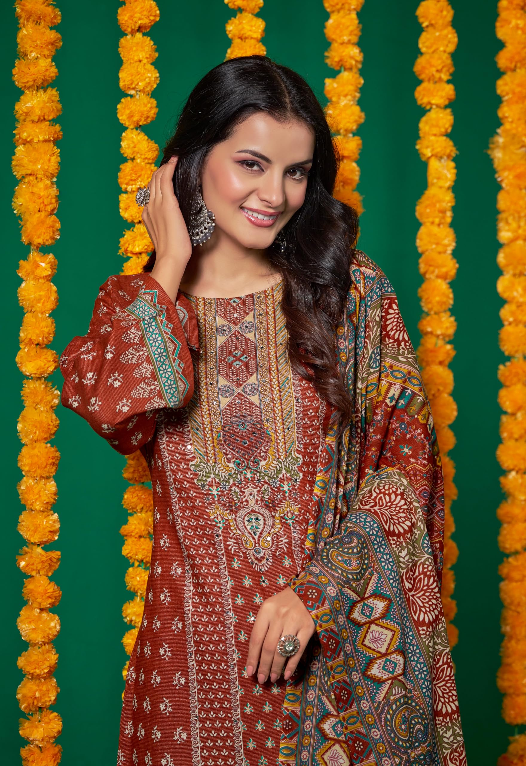 DRAVINAM Trends Women's Unstitched Salwar Suit Dress Material - Cotton Digital Printed Organza Embroidered Kameez II Unstitch Bottoms II Cotton Dupatta