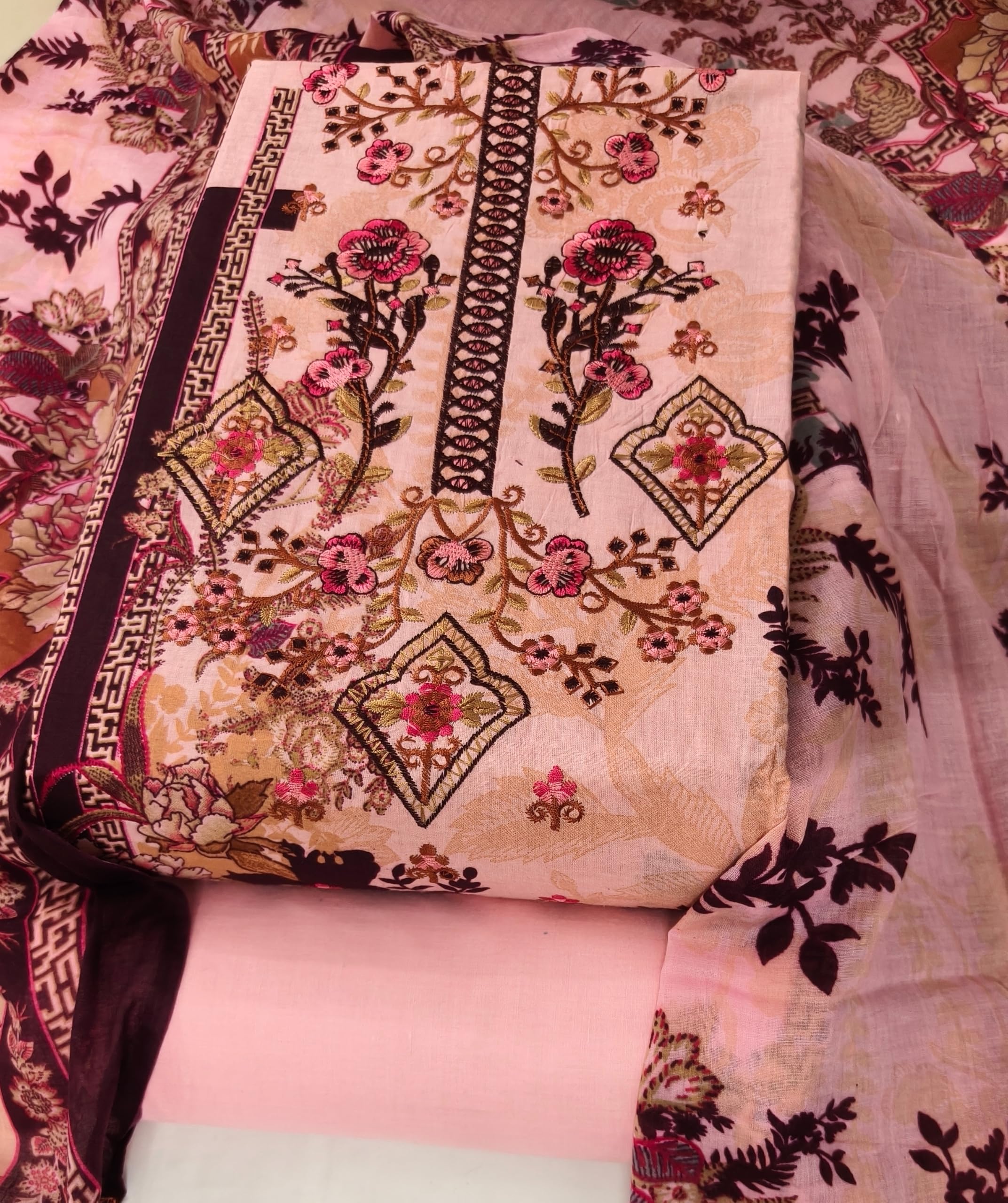 DRAVINAM Trends Women's Pure Cotton Unstitched Salwar Suit Dress Material Set | Pakistani Prints with Embroidery I Mulmul Dupatta
