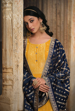 DRAVINAM Trends Women's Coral Silk Weaving Jacquard Unstitched Pakistani Salwar Suit Dress Material with Pure Coral Silk Weaving Jacquard Dupatta (Blue)
