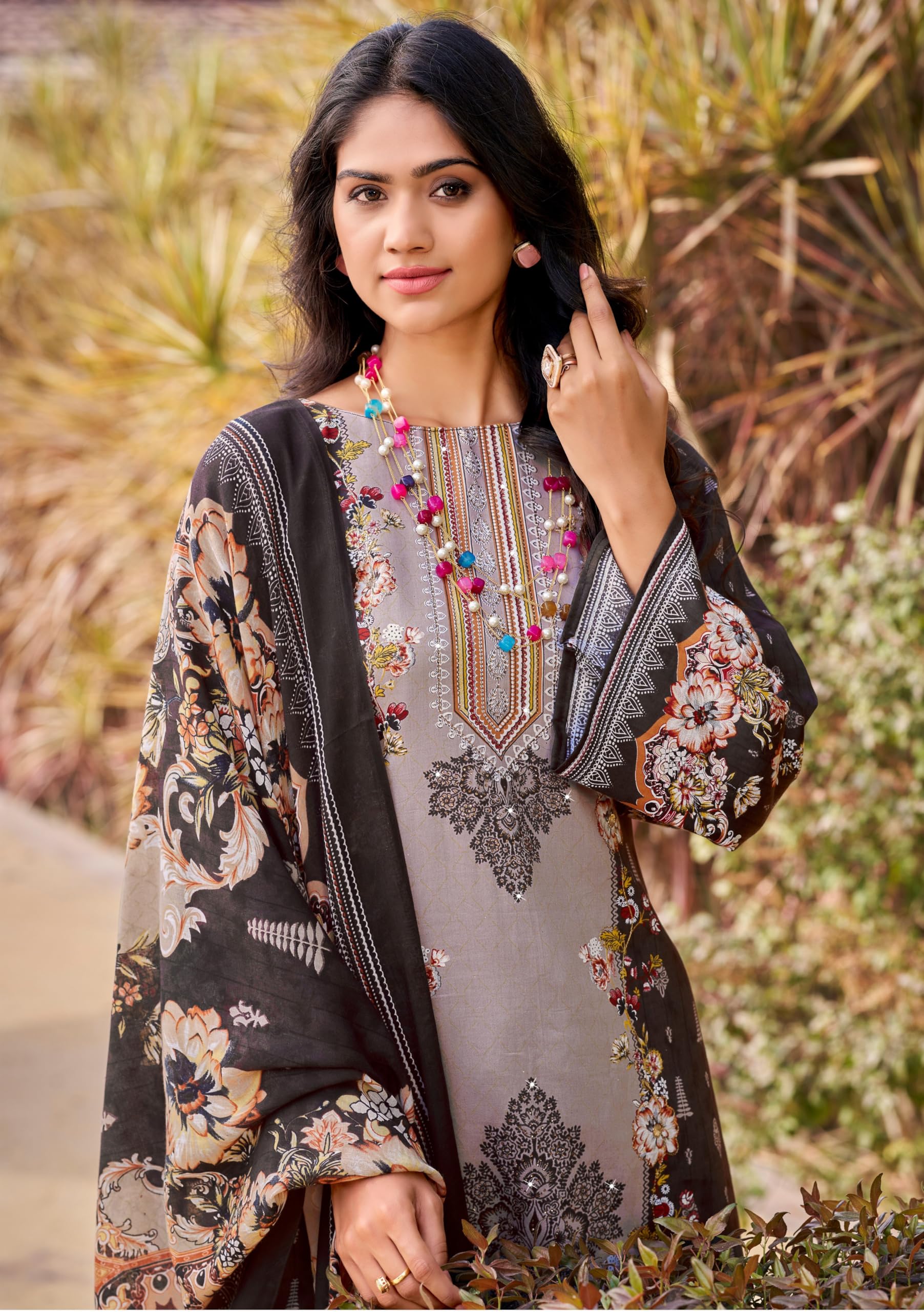 DRAVINAM Trends Women's Unstitched Jam Cotton Hand Embroidered Suit Material - Pure Jam Cotton Printed Hand Embroidered Kameez II Cotton Bottoms II Cotton Malmal Printed Dupatta