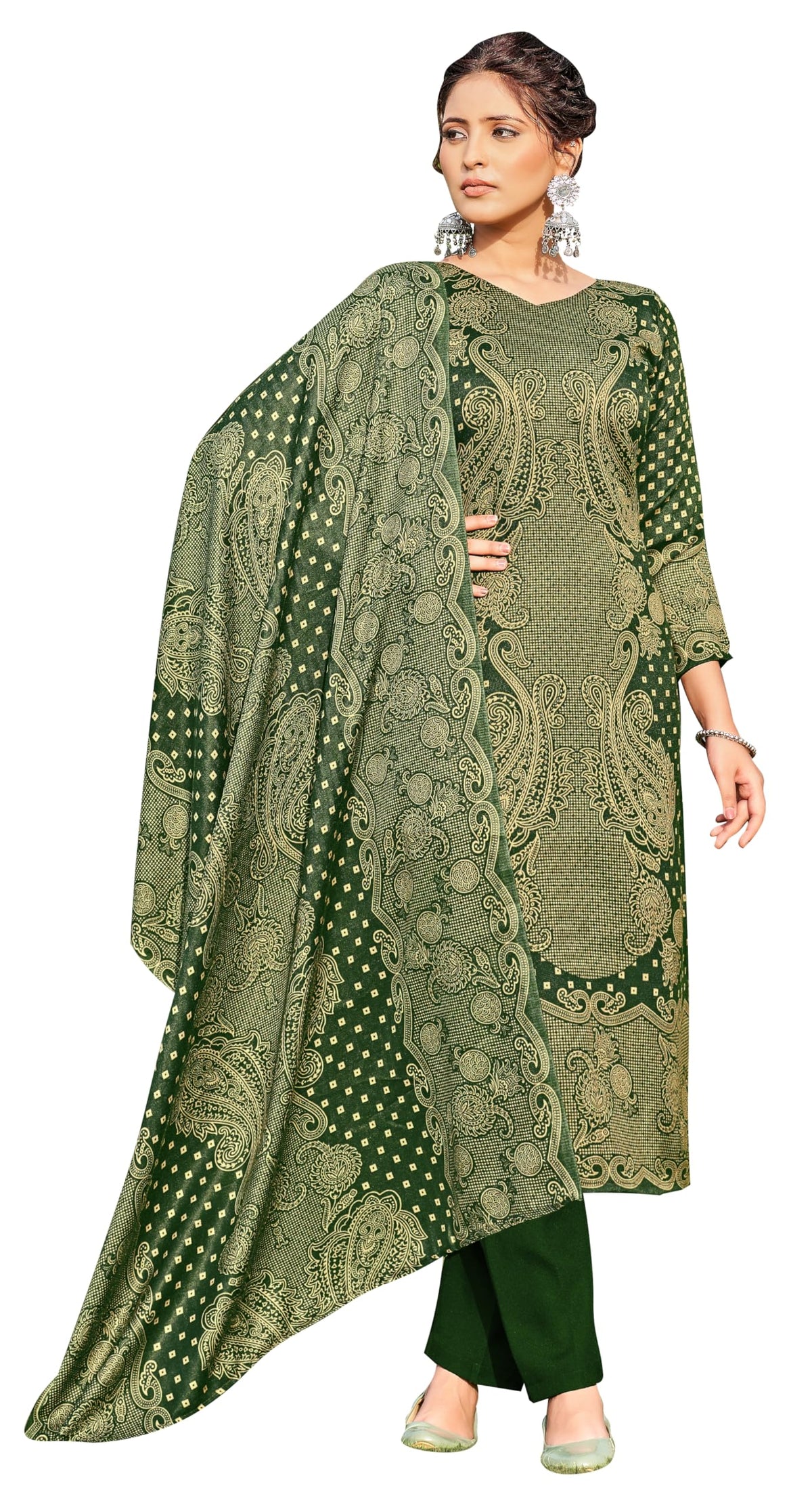 DRAVINAM Trends Women's Printed Spun Pashmina Unstitch Salwar Suit Dress Material with Printed Twill Pashmina Warm Shawl Dupatta